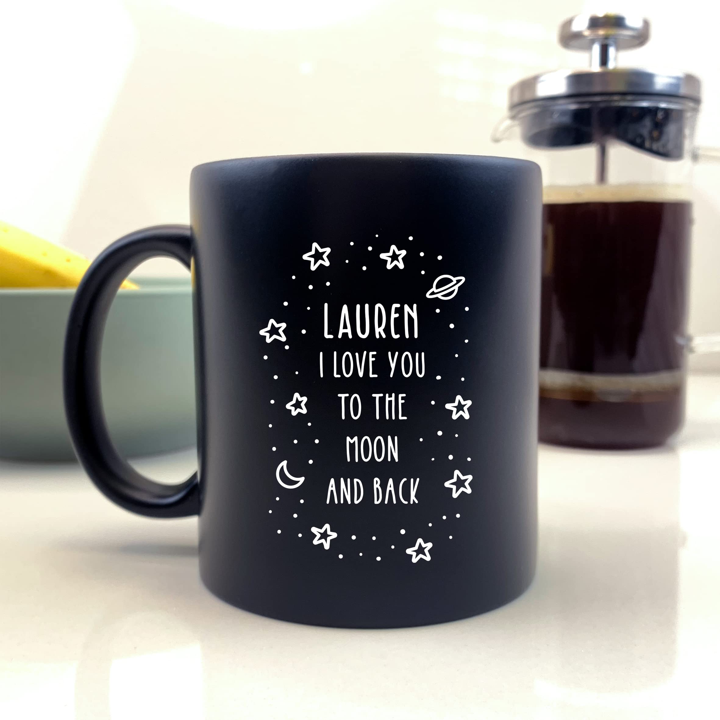 eBuyGB Personalised Black Mug, I Love You to The Moon & Back, 350ml Engraved Ceramic Coffee Mug, Valentine's Day, Mother's Day, Birthday Gift