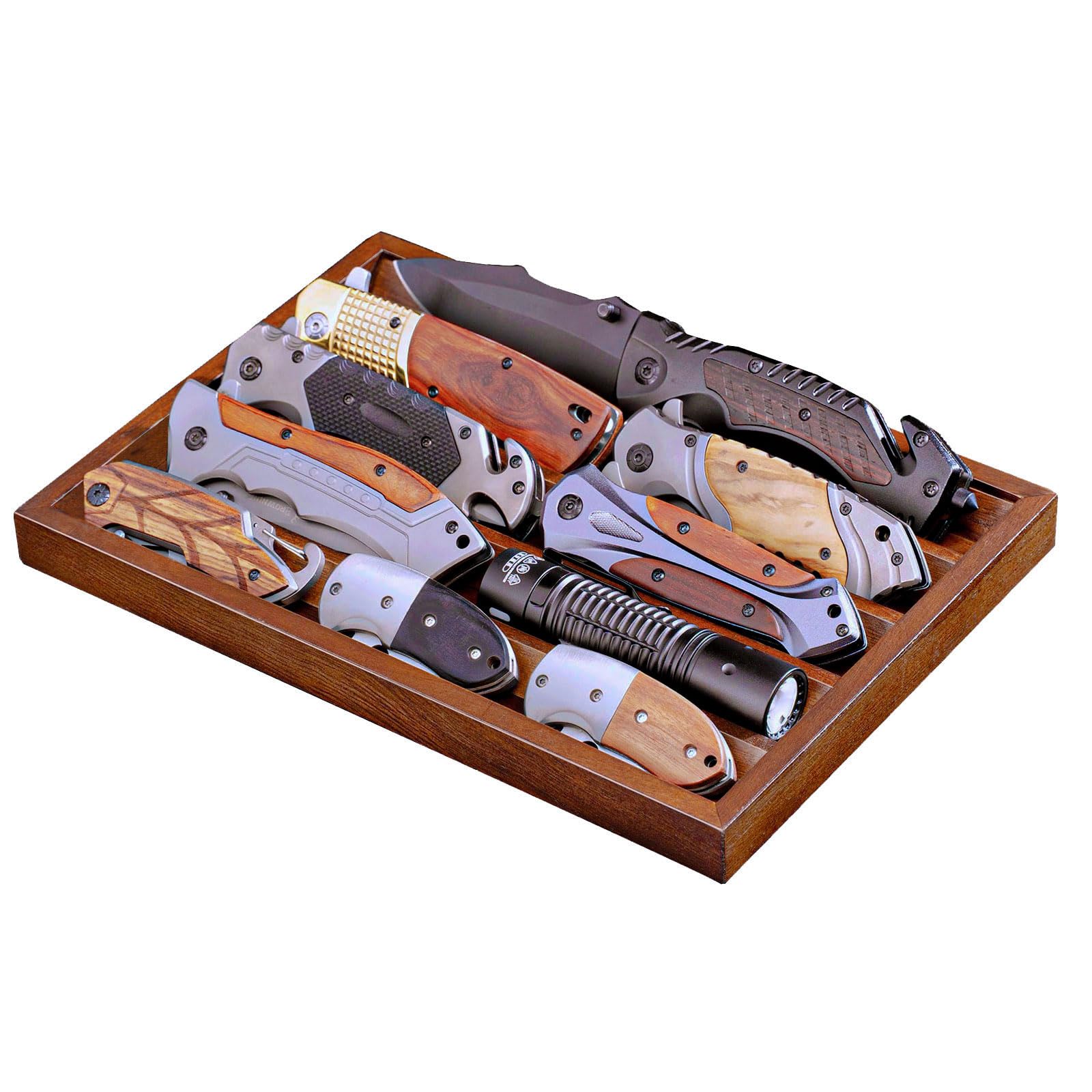 Large Pocket Knife Organizer &amp; Display Holder, Wooden EDC Tray for Folding Knives, Flashlights &amp; Challenge Coins (Walnut, 1 Pack)