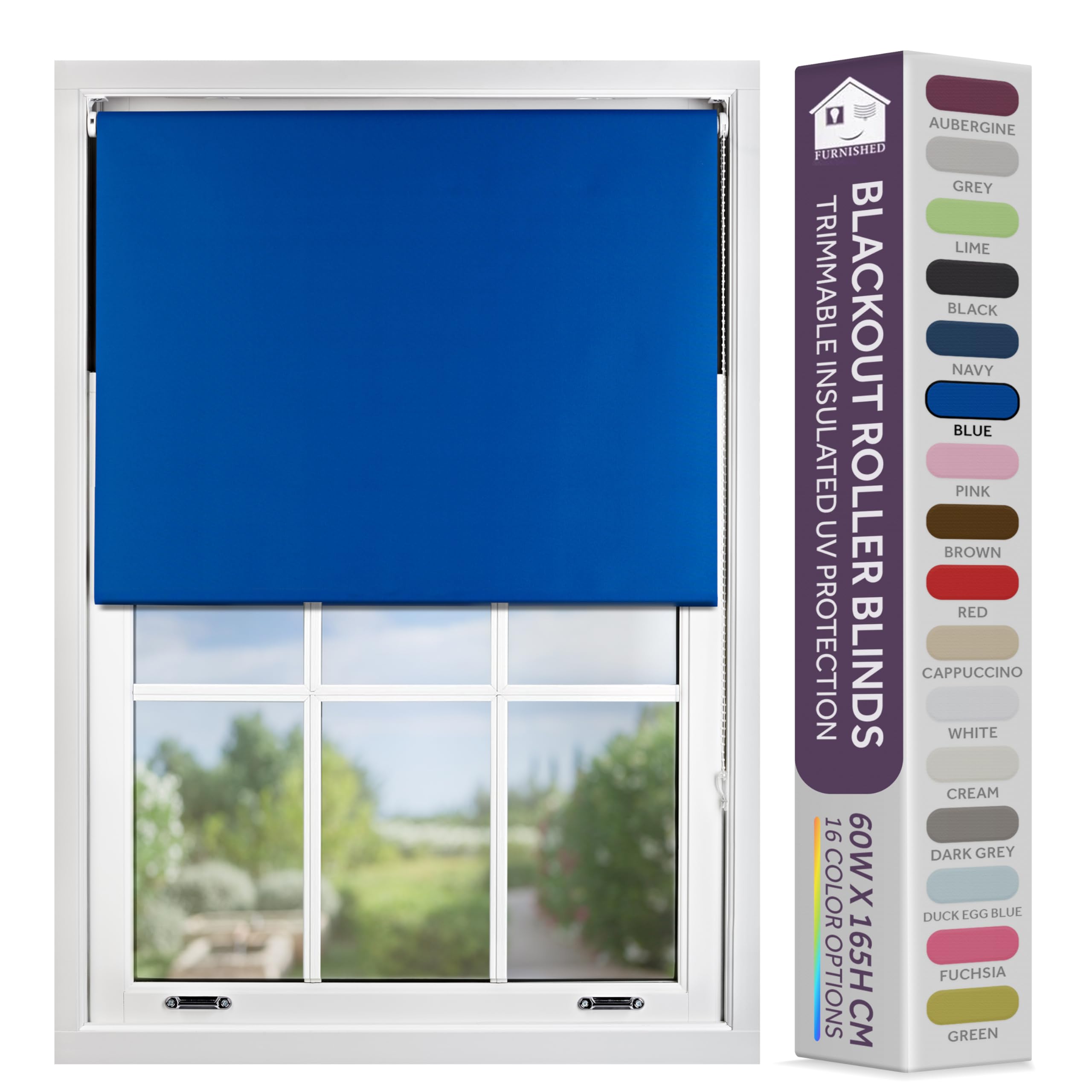 FURNISHED Blackout Roller Blind with Metal Fittings Trimmable Insulated Thermal Fabric Heavy-duty Easy Install Brackets Window Roller Blinds - Blue, 80W x 210H cm