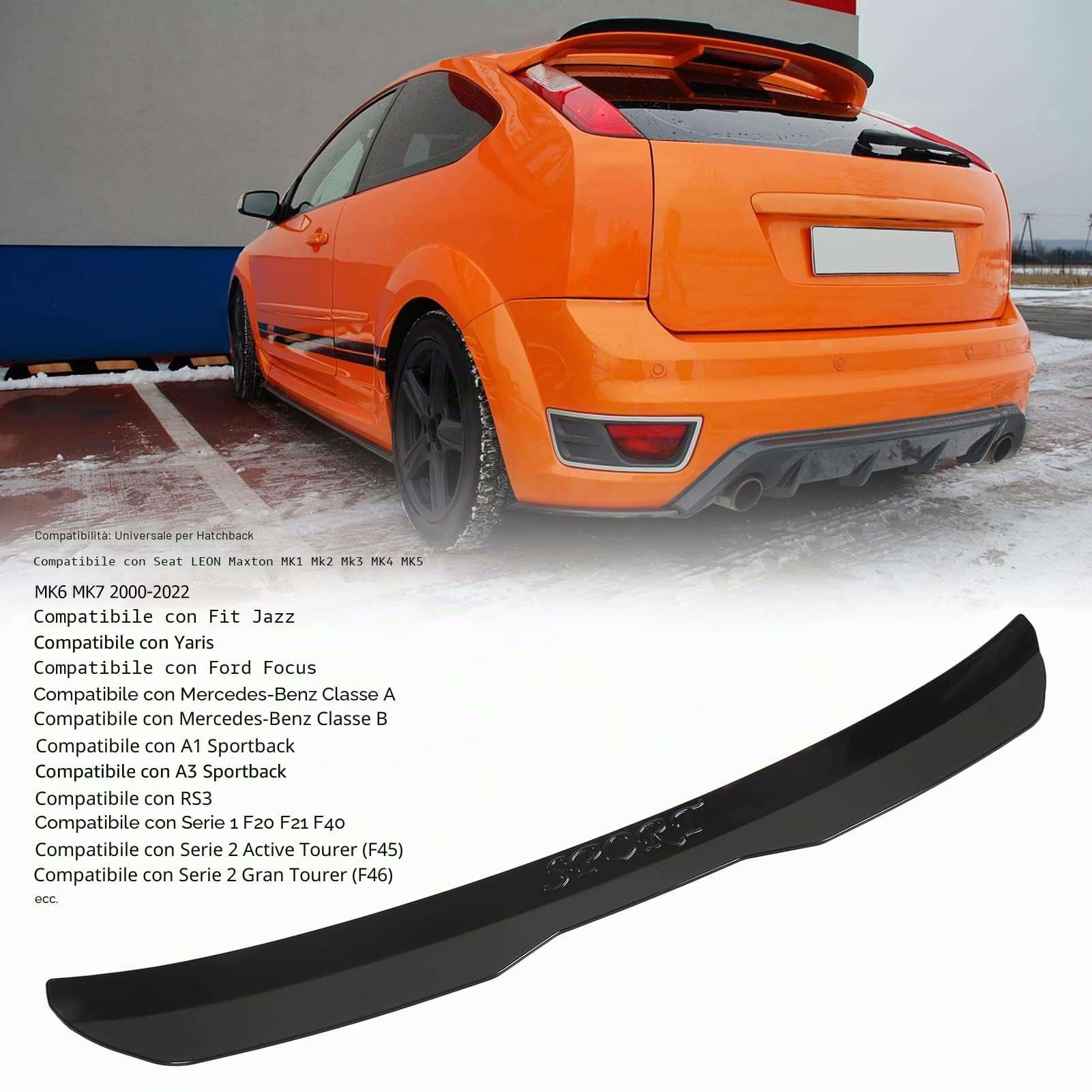 Spoiler per Tetto Posteriore Universale, Alettone per Tetto in ABS per Lunotto Posteriore Compatibile con Seat LEON Maxton MK1 Mk2 Mk3 MK4 MK5 MK6 MK7 Hatchback Fit Jazz Yaris Focus A1 A3(Nero lucido)