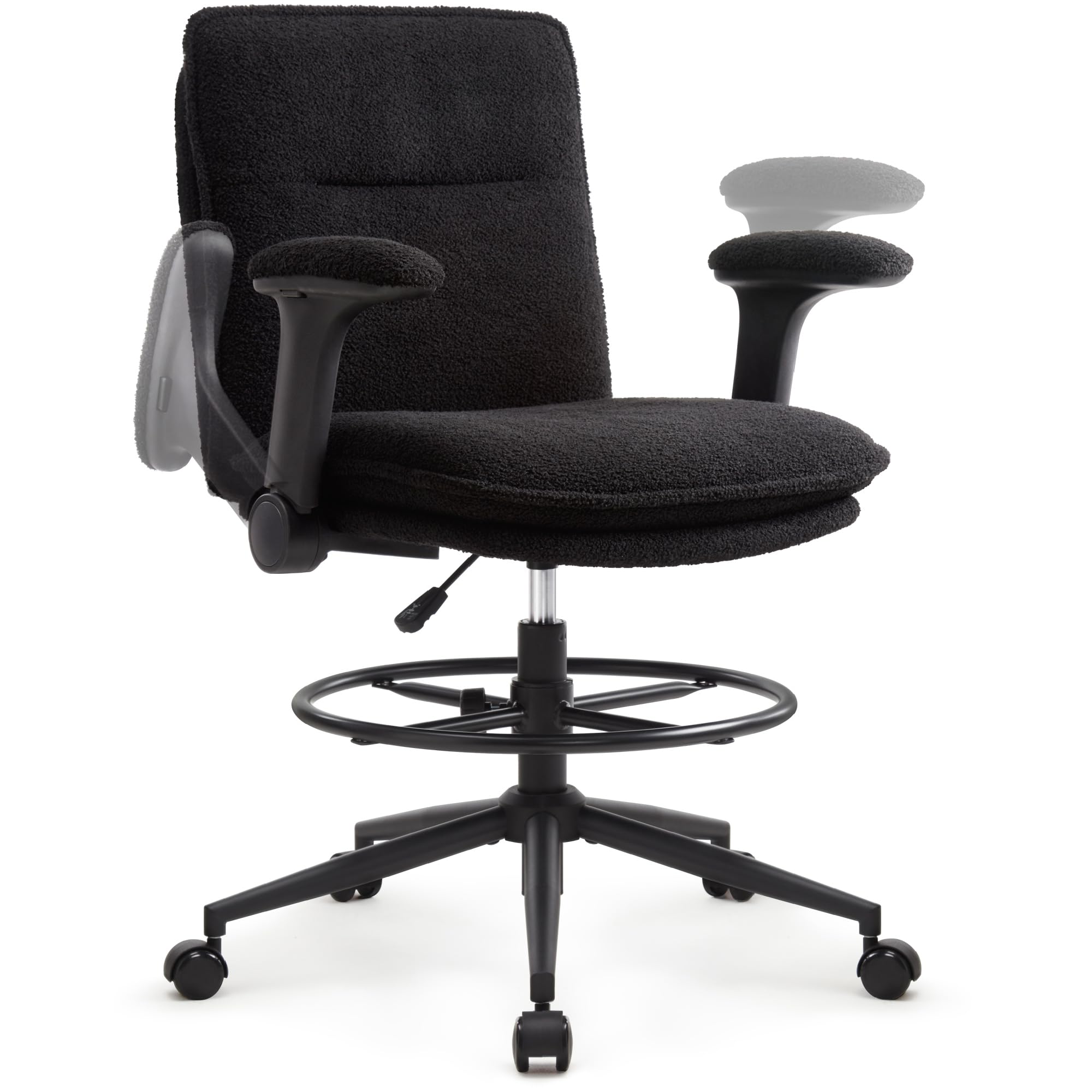Silla de trabajo ergonómica regulable en altura, giratoria con reposapiés ajustable y reposabrazos plegables negra
