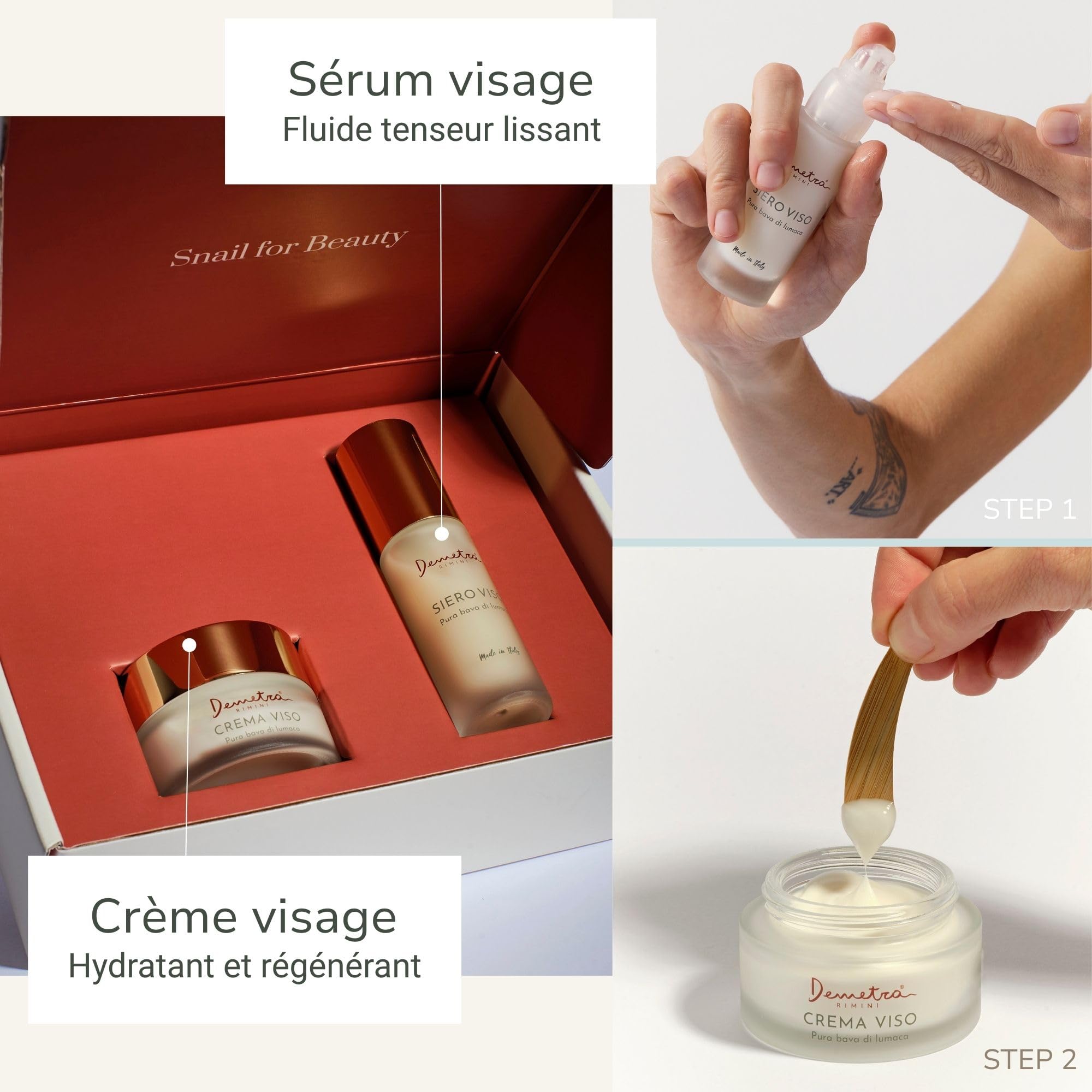Demetra Kit Skincare 2 en 1 – Crème Visage 85% et Sérum Visage 90% – Bave d’Escargot, Acide Hyaluronique, Collagène et Élastine hydrolysés (50 ml – 30 ml) – Soin régénérant