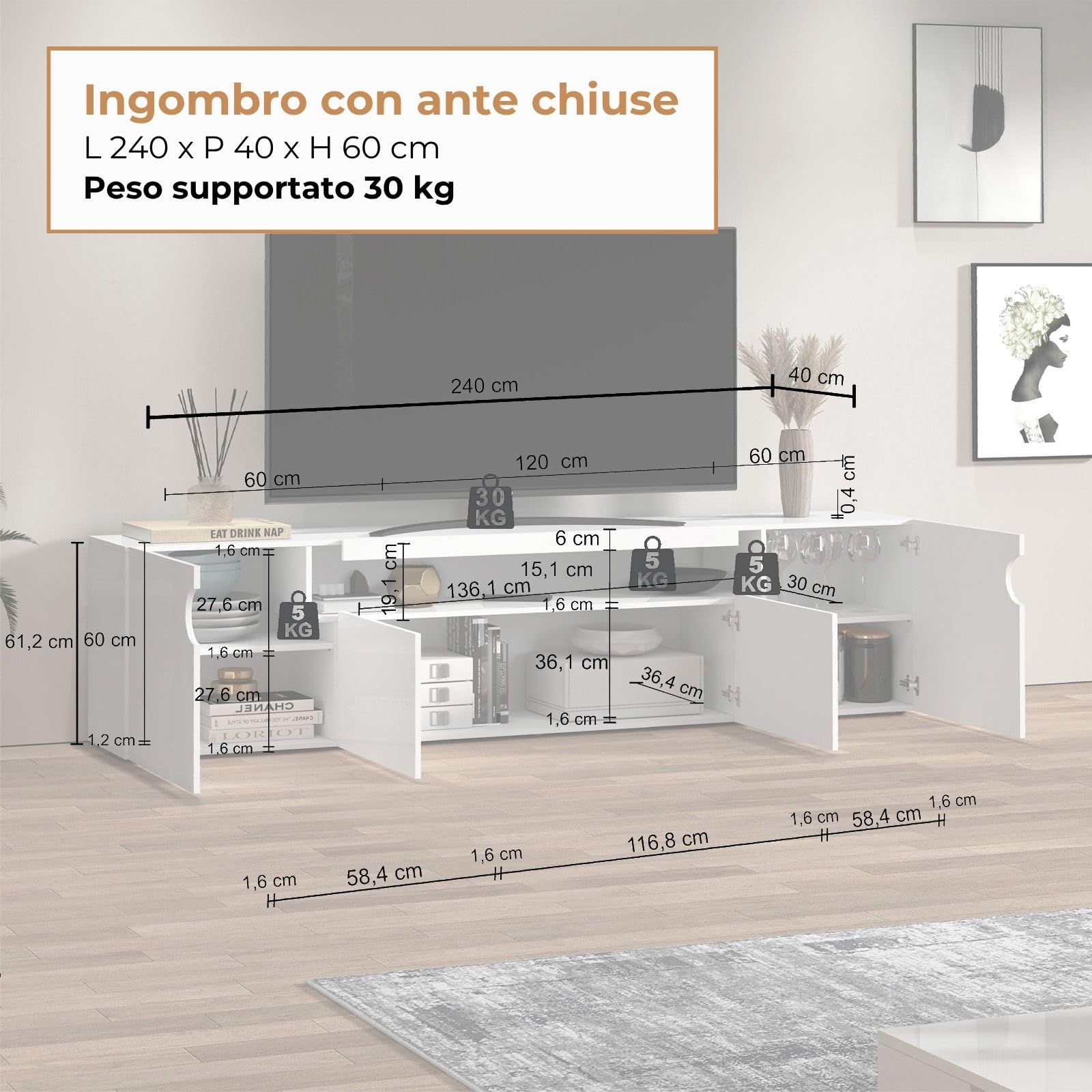 WHOUS Mobile Porta TV REAL per Soggiorno con 4 Ante, Mobile Tv per Salotto in Legno, 240x40x60 cm, Bianco Lucido