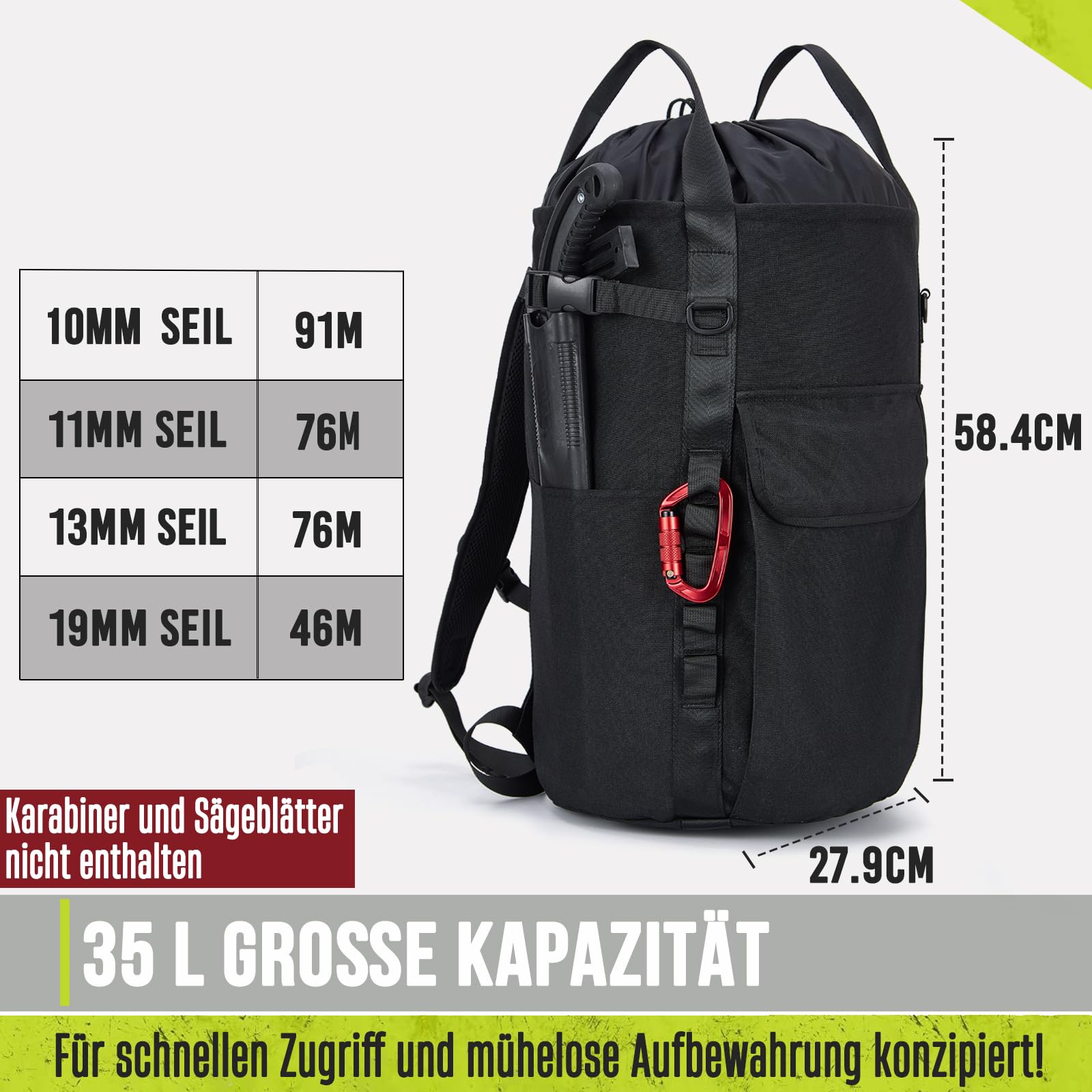Arborist-Seiltasche, 35L Baumkletter-Seilsack, Baumpflege-Ausrüstungs-Eimer-Rucksack, Arborist-Baumklettern Ausrüstung mit Seitentaschen, Robuster Felskletter-Rucksack, Kletterausrüstung für Bäume