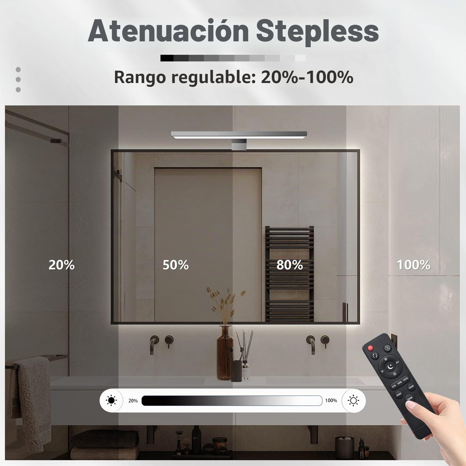 KYOTECH Lámpara LED de Espejo Baño Regulable Con Control Remoto 40cm 12W 800LM 3000K-6500K Iluminación para espejo Impermeable IP44 LED Espejo Baño Iluminación para Maquillaje con Interruptor