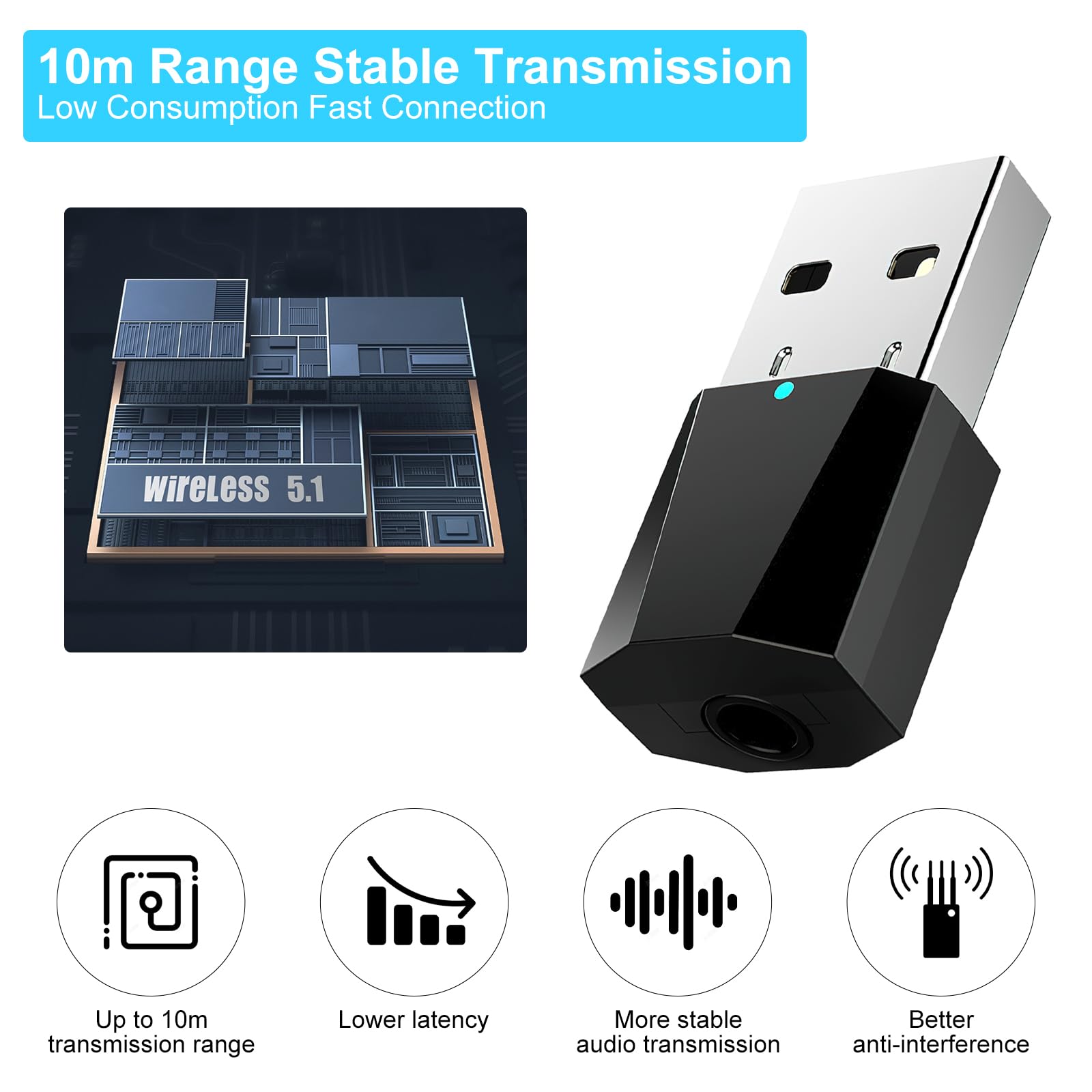 Ricevitore USB Bluetooth 5.1 con adattatore USB Bluetooth, microfono integrato per TV, PC, cuffie/altoparlanti auto, sistema stereo, musica e chiamate