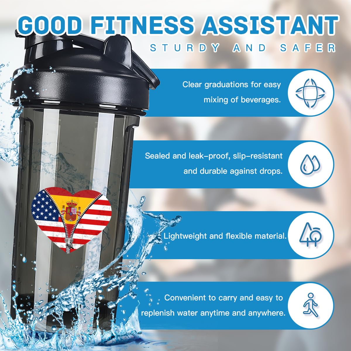 Heart America Flag and Spain Flag 18 Ounce Shaker Cup,Fashion Theme Pattern Shaker Bottle Leak-proof Workout Shake Bottles 500ML/18 oz Perfect for Pre Workout