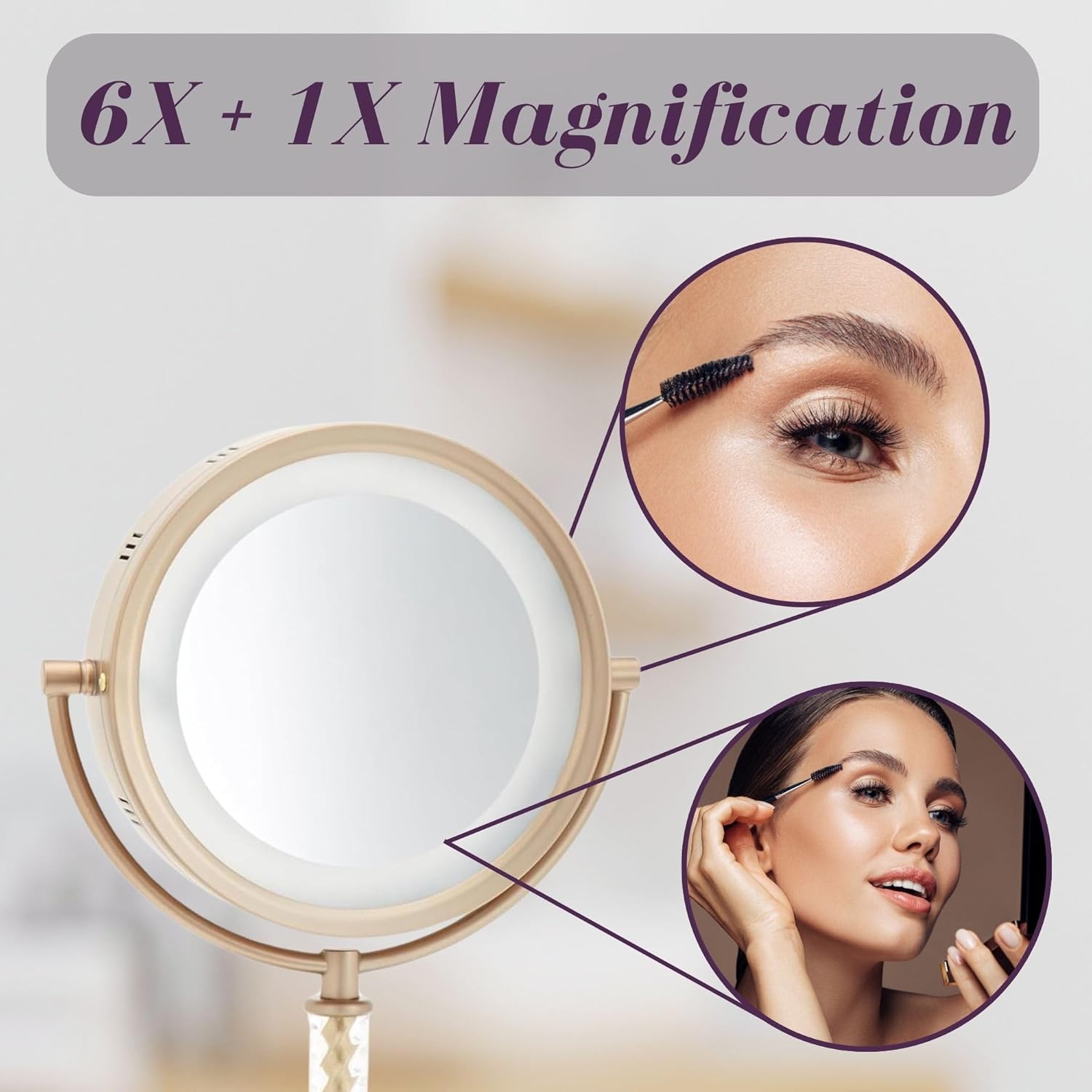 JERDON Lighted Makeup Mirror - 6X Magnifying Tabletop Vanity Mirror for Precision Makeup, Tweezing & Grooming - 8" Soft Gold Finish, 360° Swivel - Model HL856BC