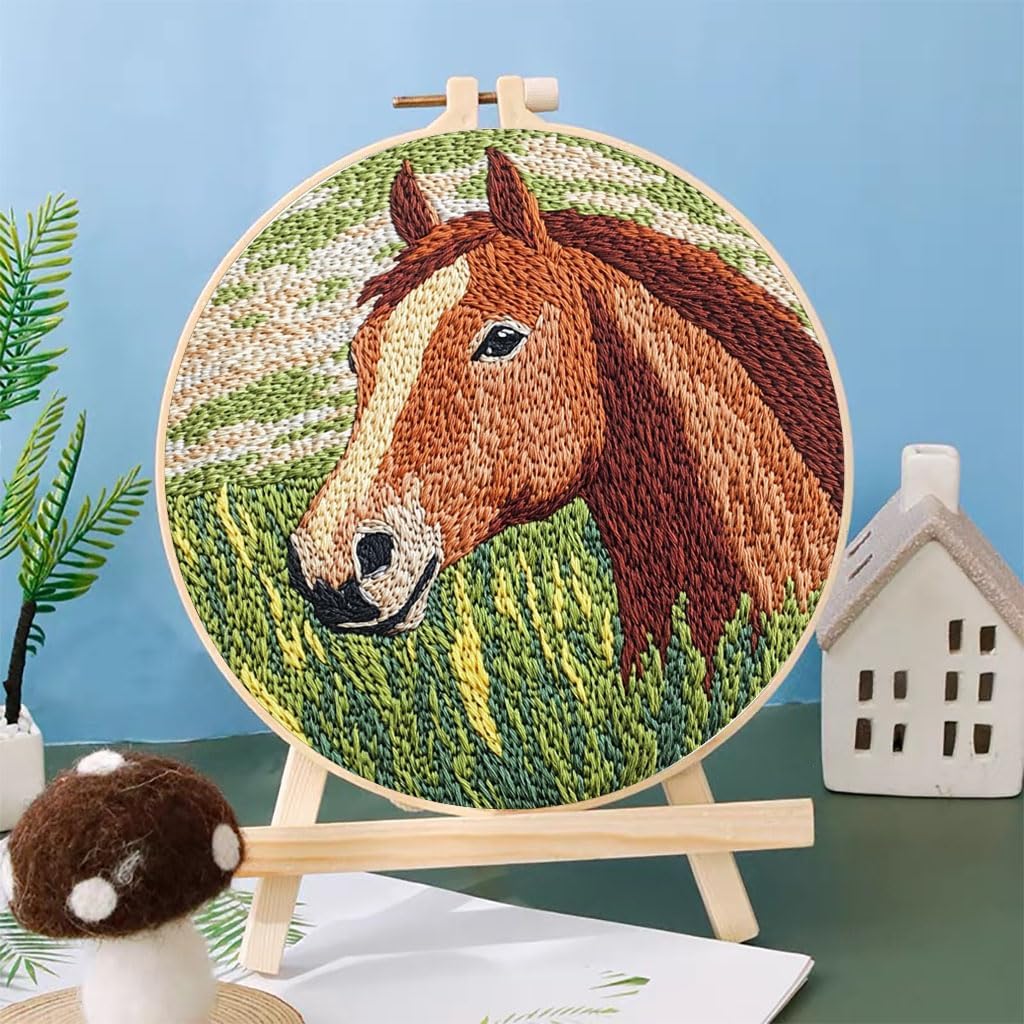 Punch Needle Kits Brown Horse and Green Grass 20x20cm-7 image 2
