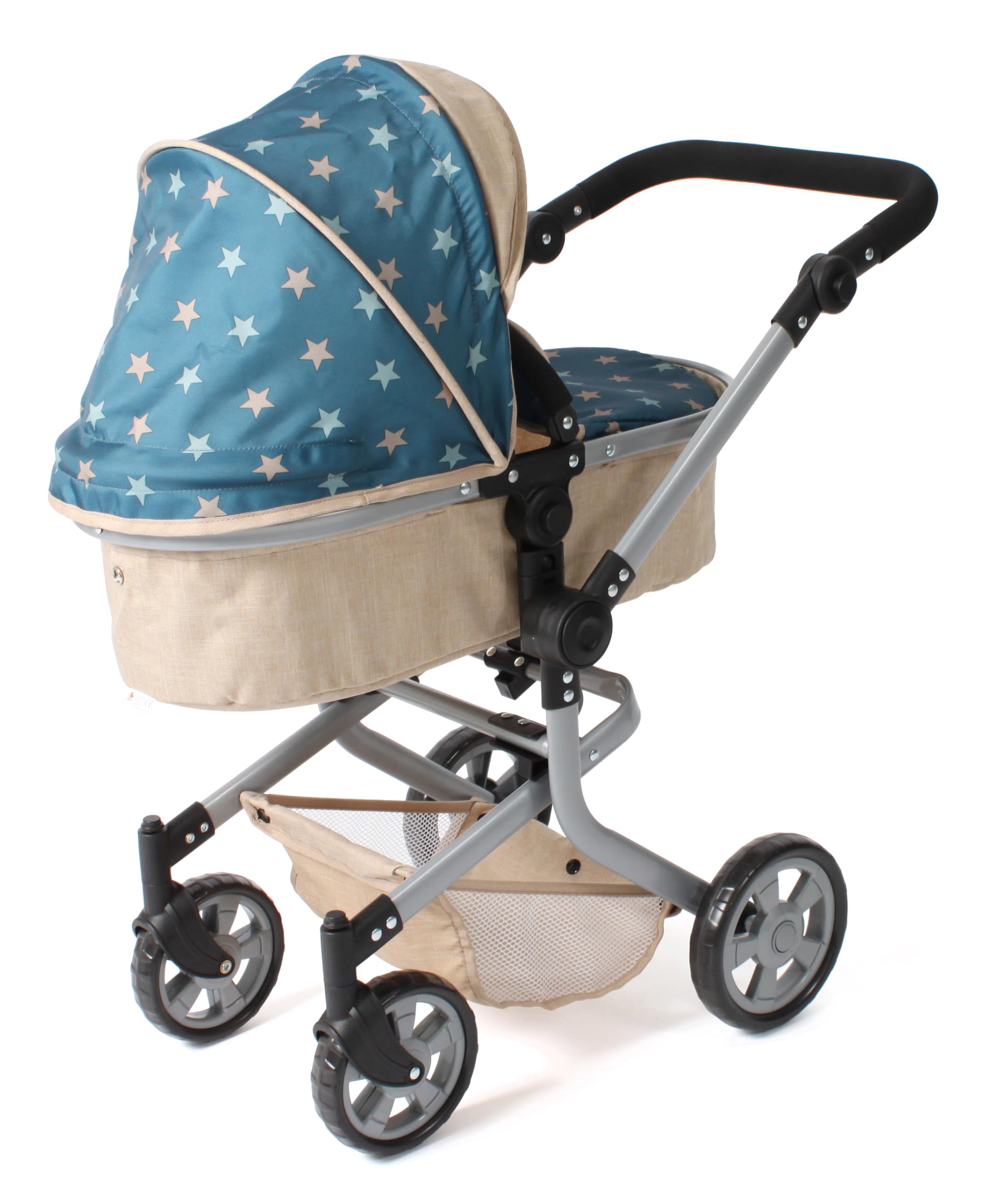 Bayer Chic 2000® Poussette pour poupée Mika 2 en 1 - Étoiles Beige-Turquoise - Pliable - Poignée réglable en Hauteur 47-80 cm - Cadre Moderne - Poupées jusqu'à 52 cm - 4-8 Ans