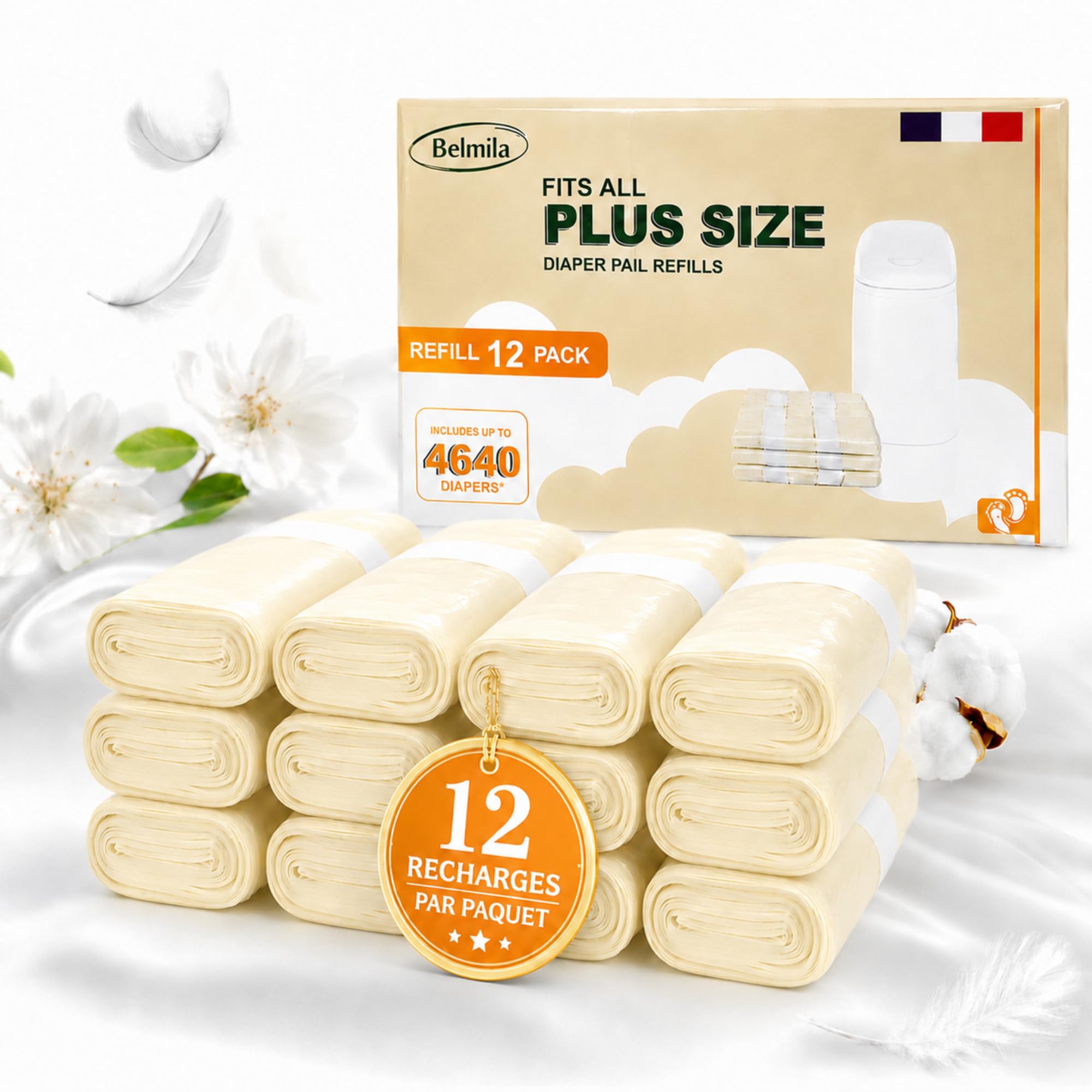 Recharges Poubelle à Couches XXL 12x7,5m Compatibles AngelCare Tommee Tippee Anti-Odeur Sans BPA Antibactérien Étanches