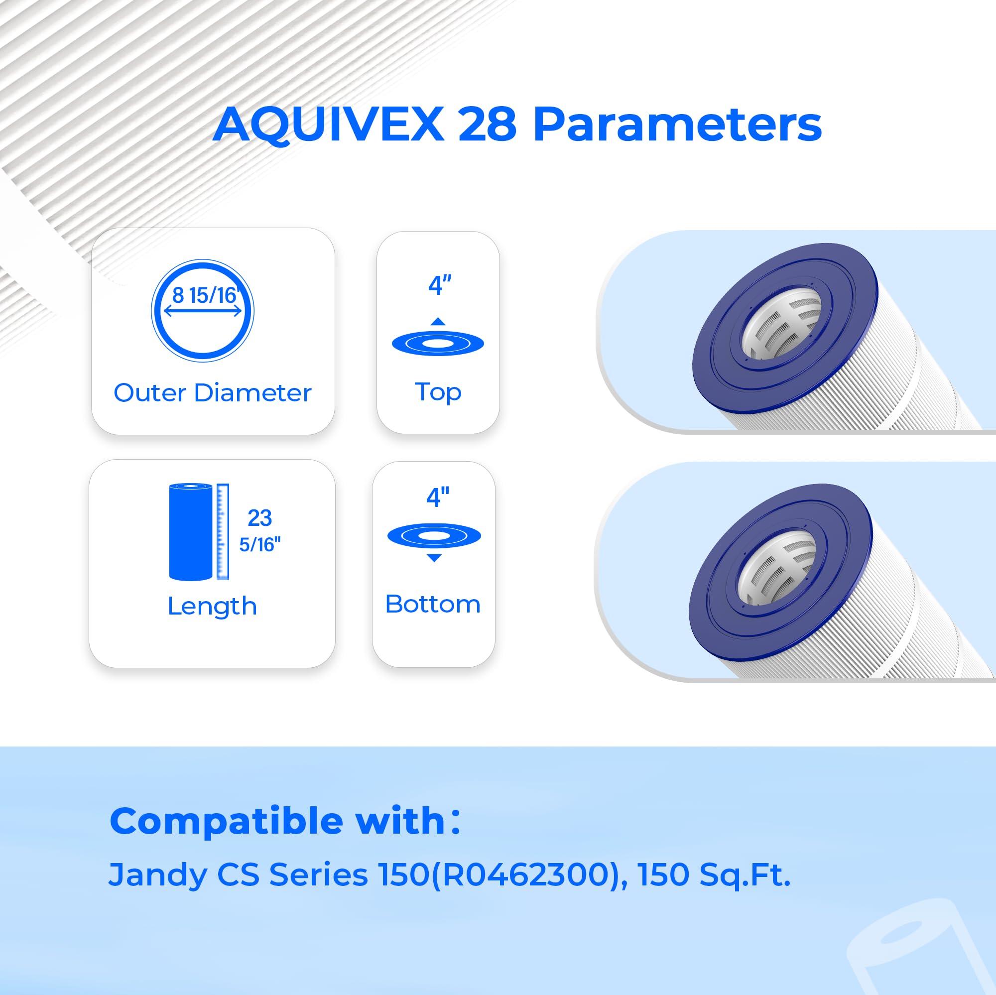 CS150 Cartouche de filtre de piscine compatible avec Jandy CS Series 150 | 150 m². Remplace Pleatco PJANCS150, Filbur FC-0822, FC-1273, Unicel C-8414 ; média en polyester trilobal avancé