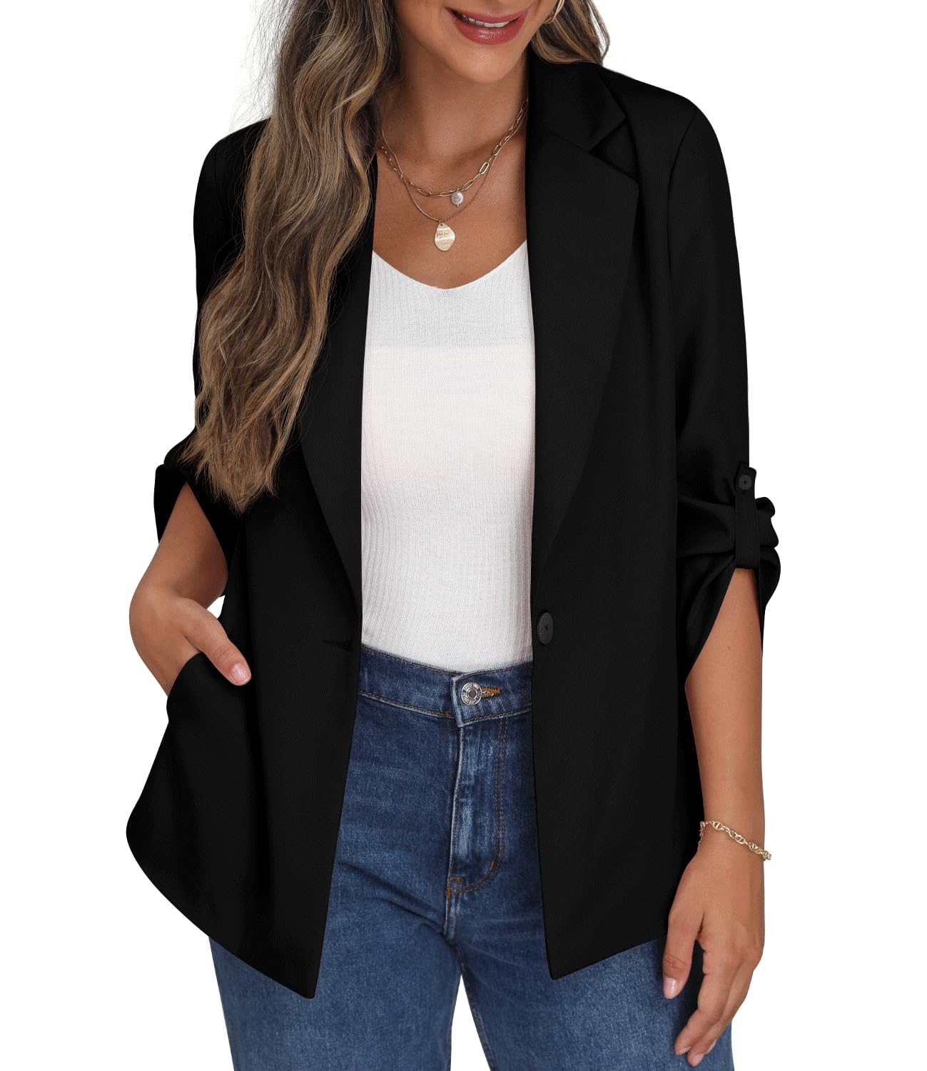 PrinStory Womens Blazer Suit Open Front Cardigan Adjustable Sleeve Blazer Jacket With Buttons Pockets