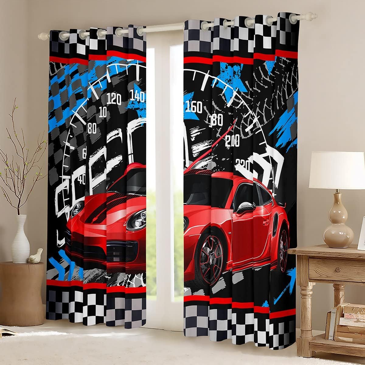 Feelyou Boys Race Car Window Drapes Cool Race Sports Car Set Curtains Kids Room Decor Boys Sports Theme Window Curtains Bedroom Living Room Checkered Window Treatments Red 38W X 45L，2 Panels