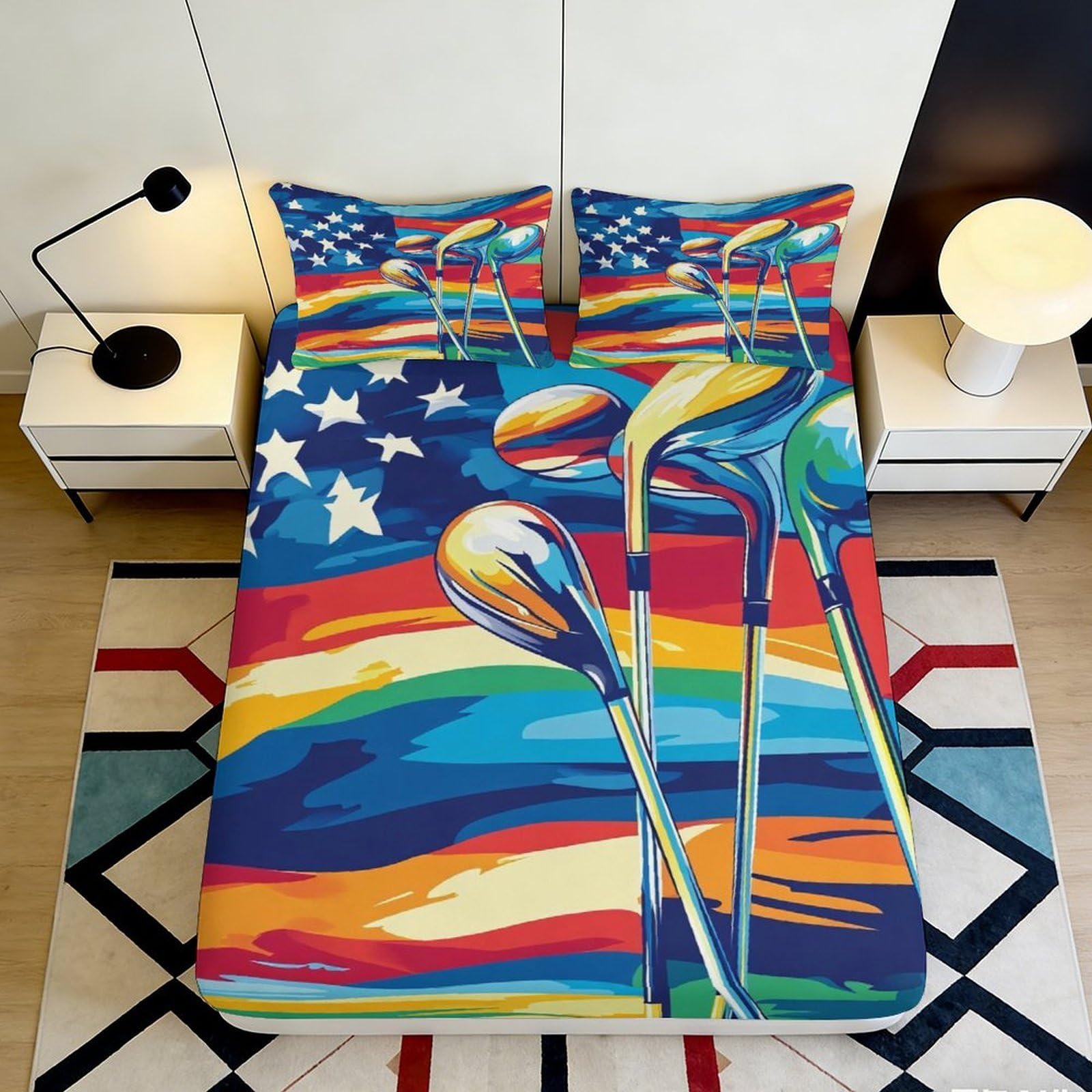 3D Printed American Flag Golf Clubs Fitted Sheet Microfiber Durable Vibrant 3D Printed Bed Cover for Bedroom Dorm Dormitory Guest Room Mattress Protection 160x200x25cm