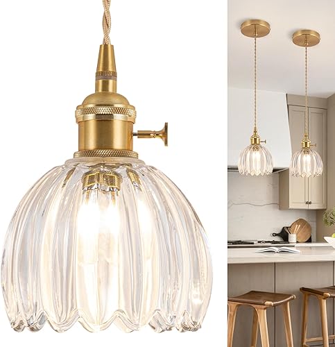 Miniatura 37 de Luces Colgantes para Isla de Cocina, Luz Colgante de Cristal Verde Accesorios de Iluminación Vintage, 9.4 pulgadas E26 Acabado Lámpara Colgante de