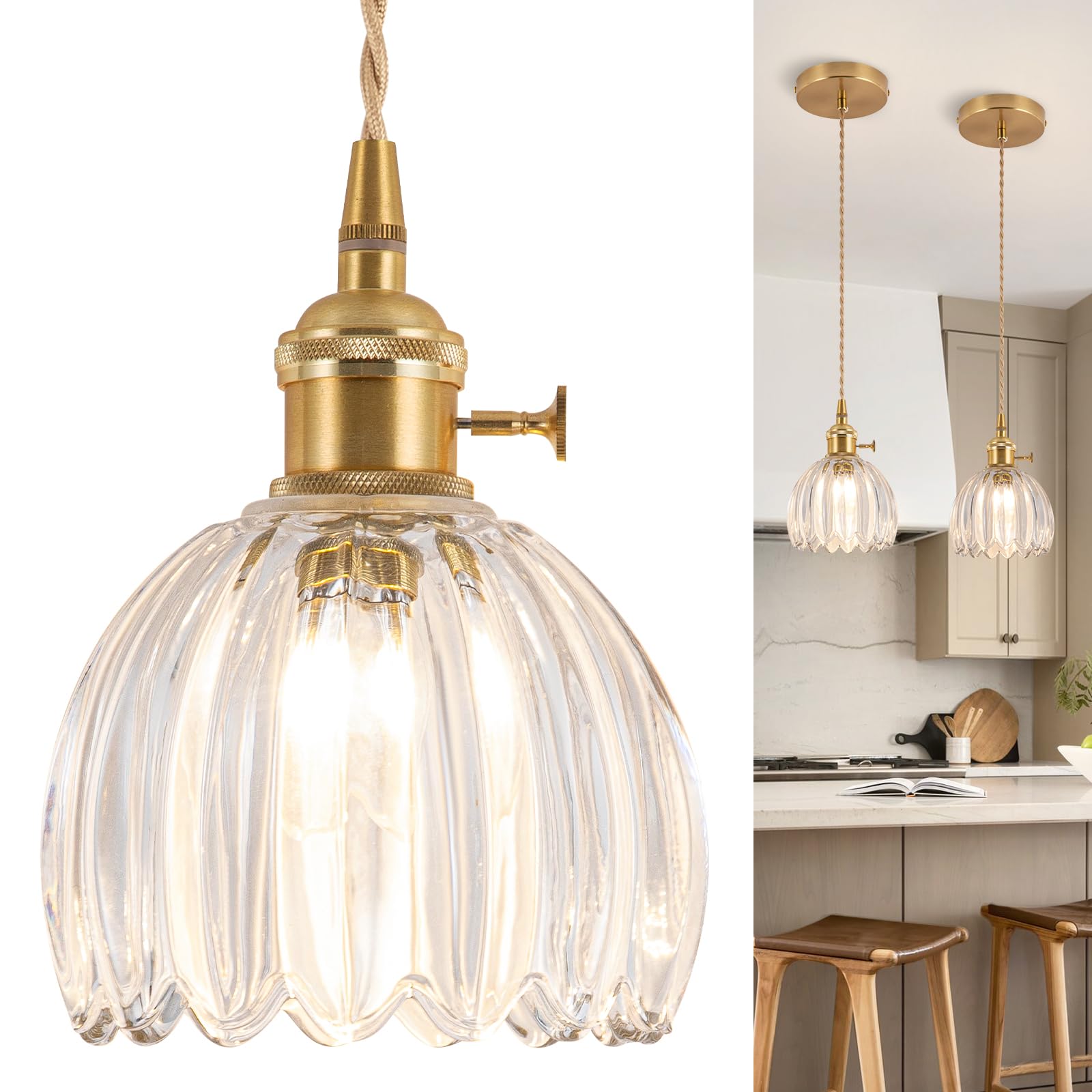 Vintage Pendant Light with Clear Glass Lampshade Ceiling Lighting fixture E27 13CM Mini Hanging lamp Chandelier Lights for Kitchen Island Bedroom Hallway Study Room Coffee Bar Living Room Dining Room