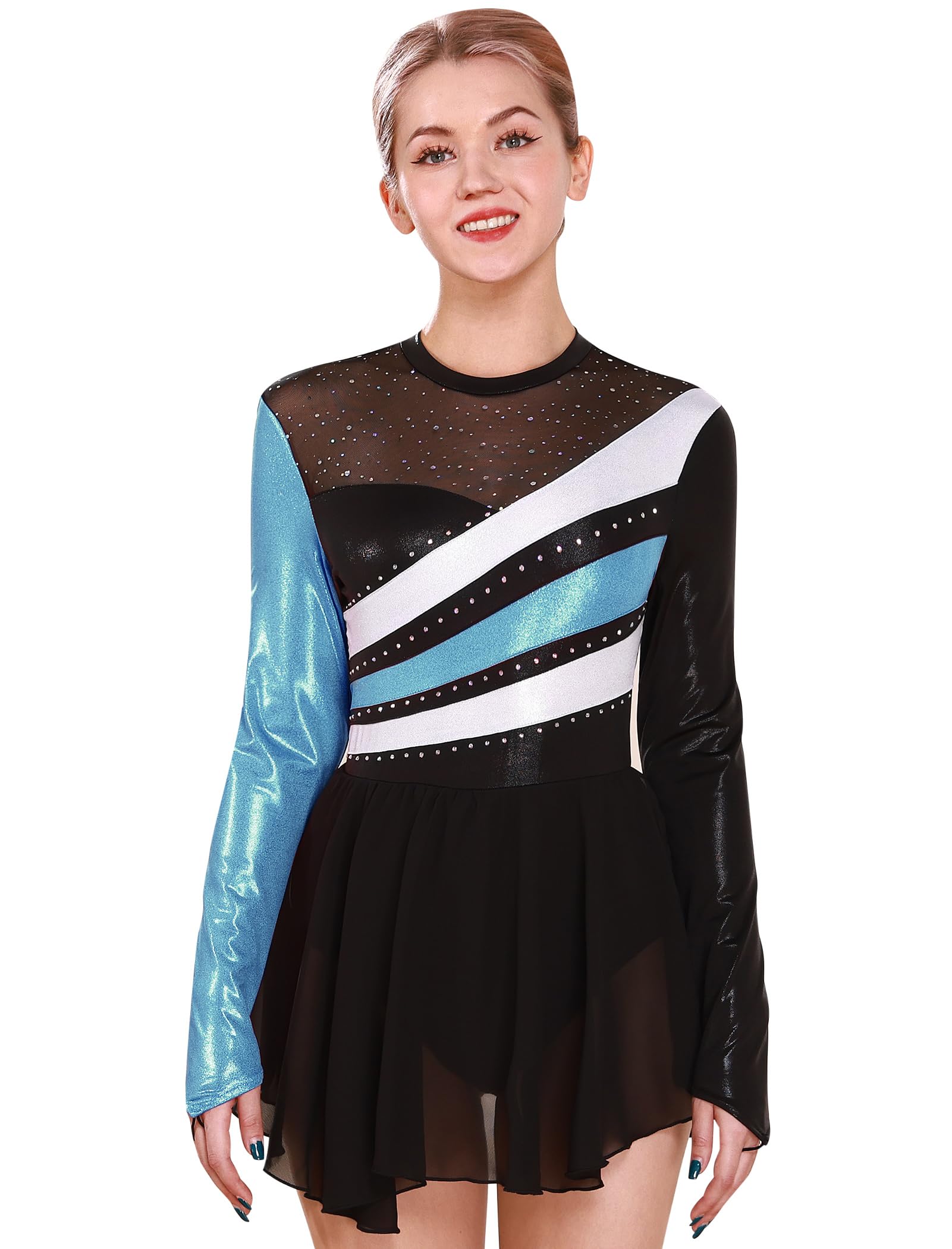 FYMNSI Robe de patinage artistique pour femme - Paillettes métallisées - Manches longues - Justaucorps de danse - Tailles XS à XL