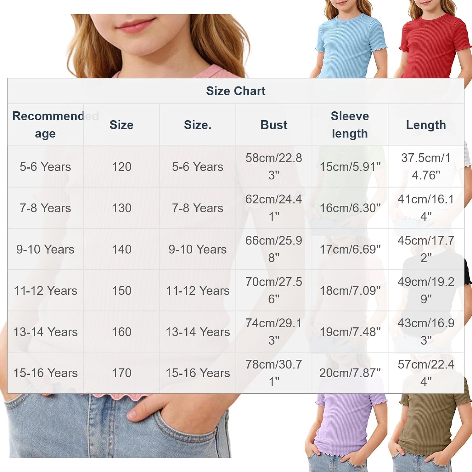 Girls' Ribbed Top Crew Neck Short Sleeve Stretchy Slim Fit | Casual Daily Kids Scalloped Trim T-Shirt Basic Tee Soft Wear
