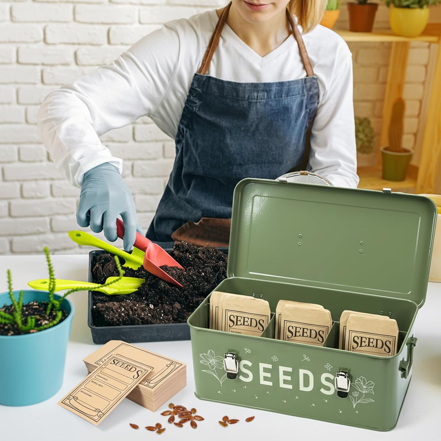 Seed storage organizer, Large Metal Seed Storage Container with Dividers, Seed Organizer Box with 50 Seed Envelopes, 100 Plant Labels (5 Colors) & 50 Plant Clips