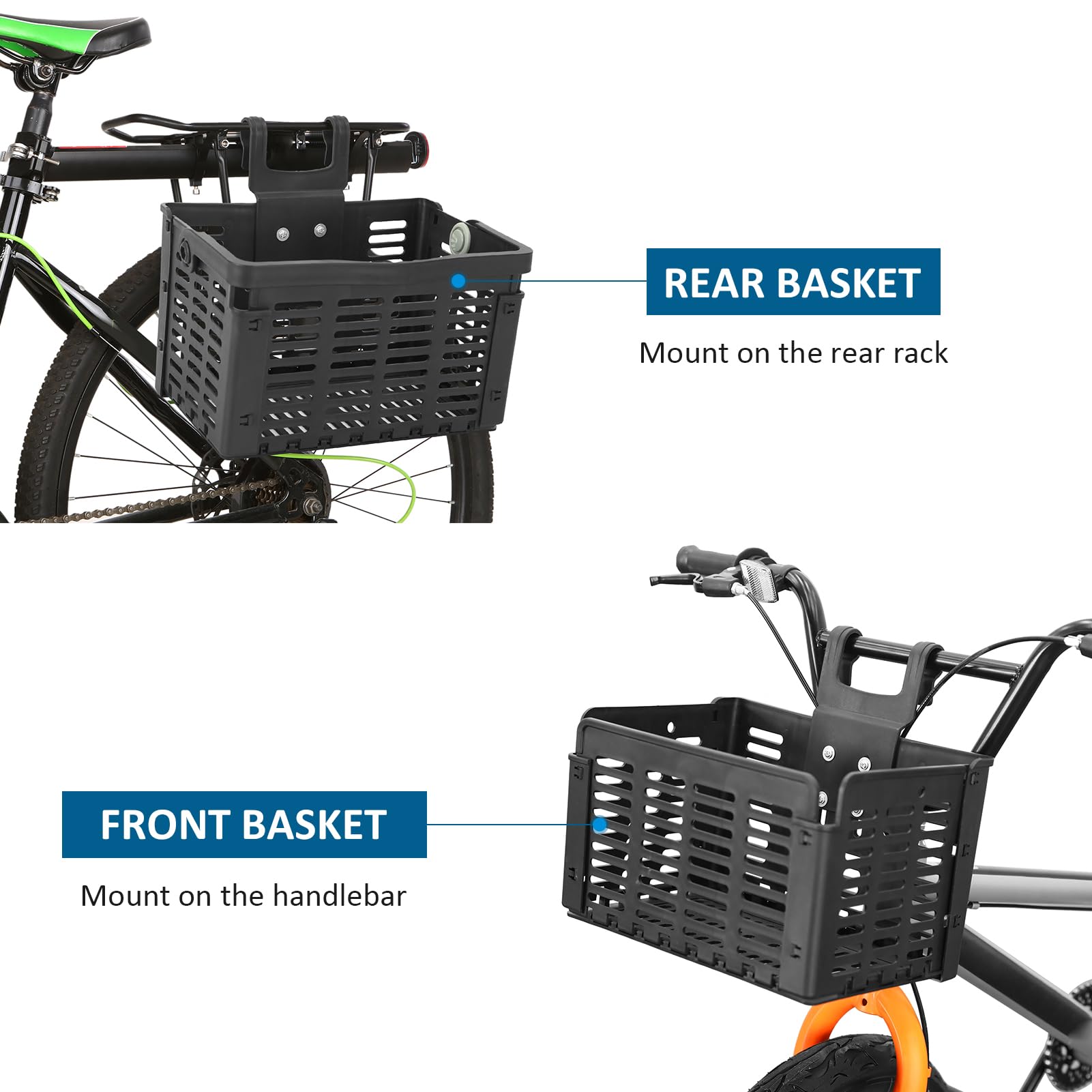 Abnehmbarer Fahrradlenker-Vorderkorb aus Kunststoff, Zusammenklappbarer Korb für Fahrrad-Hinterradträger, Fahrrad-Heckträgerkorb, Fahrrad-Gepäckträger Zum Einkaufen, Pendeln und Sport & Freizeit