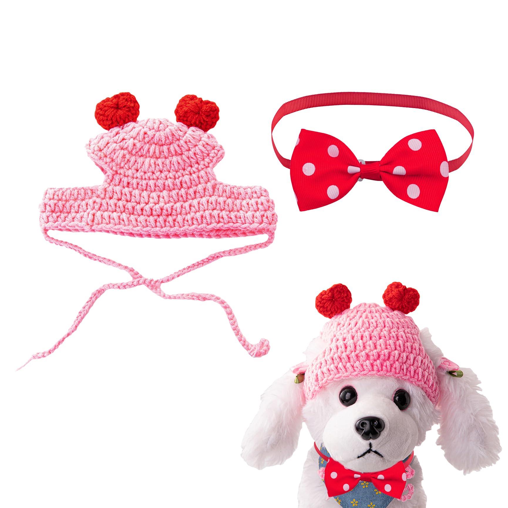 Dog Bow Tie & Dog Hat for Small Dog Valentine's Day Dog Outfit Adjustable Pet Bow Tie Knitting Pet Hat Dog Cat Costume Accessories for Small Medium Pets