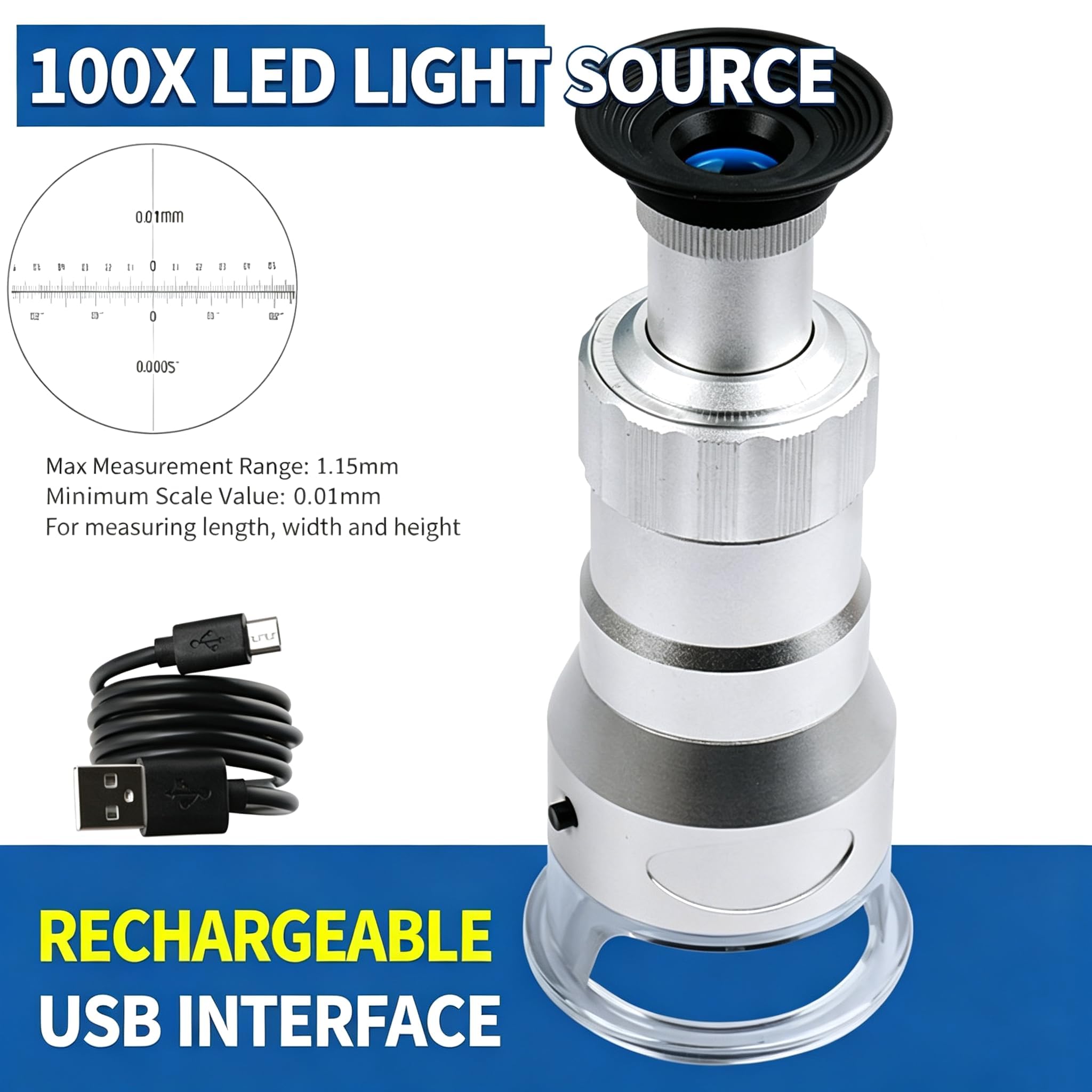 Lupa De Mano 60x/100x, Lupa De Joyería HD con Luz, 4 Luces Led De Relleno, Escala Incorporada, para Inspeccionar Gemas, Monedas Y Observar Sellos. 60x