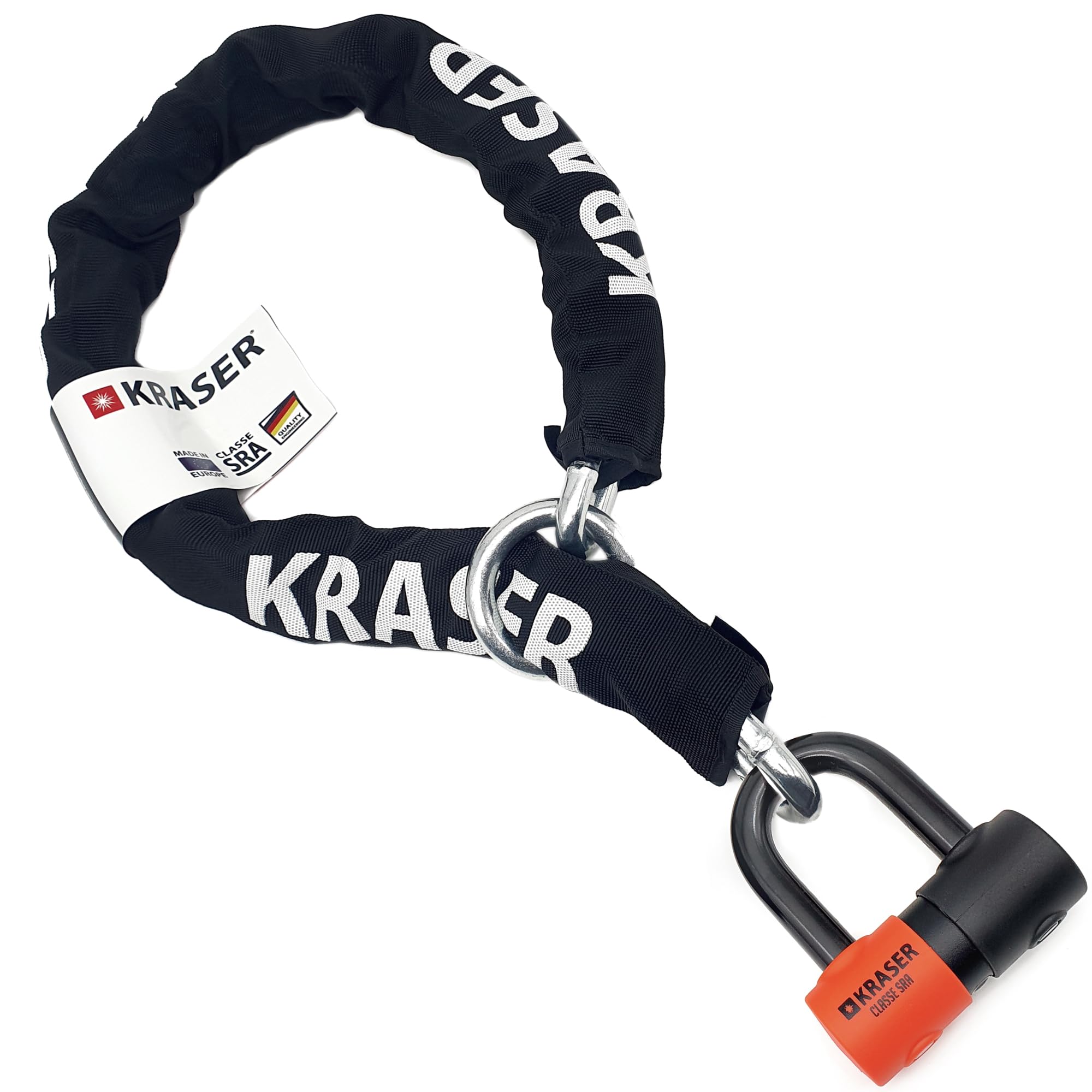 KRASER KR50120L Antivol Moto Homologué SRA | Chaîne ø13,5 Haute Sécurité Acier Cémenté Testée + Robust Mini U ø18mm, 3 Clés (autres 2), Bloque Disque + Chaîne, 2en1, Recommandé Assurances, 120cm Lasso