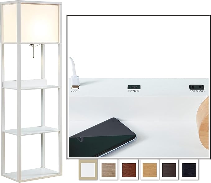 Wonder Comfort Wonder Comfort 63" Floor Lamp with Charging Station, Display Shelf with Lights/USB Port/Type-C Port/Power Outlet/Led Blub Include for Living Room Bedroom, White