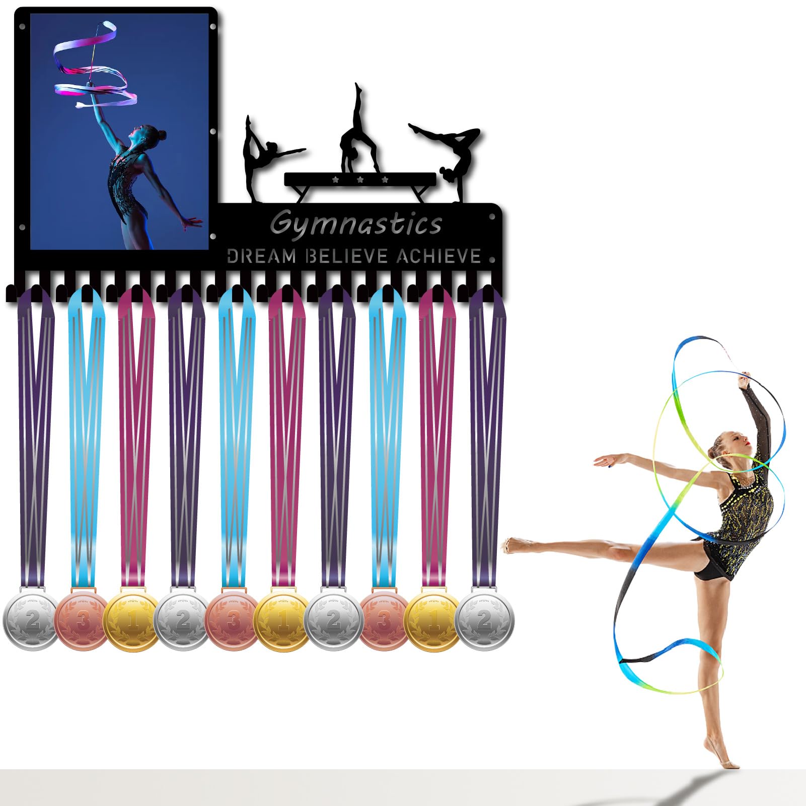 CREATCABIN Soporte para medallas de gimnasia con marco de fotos, soporte de metal para colgar premios de atleta, soporte de pared con 20 ganchos para competición de fútbol, medallas, cinta, color
