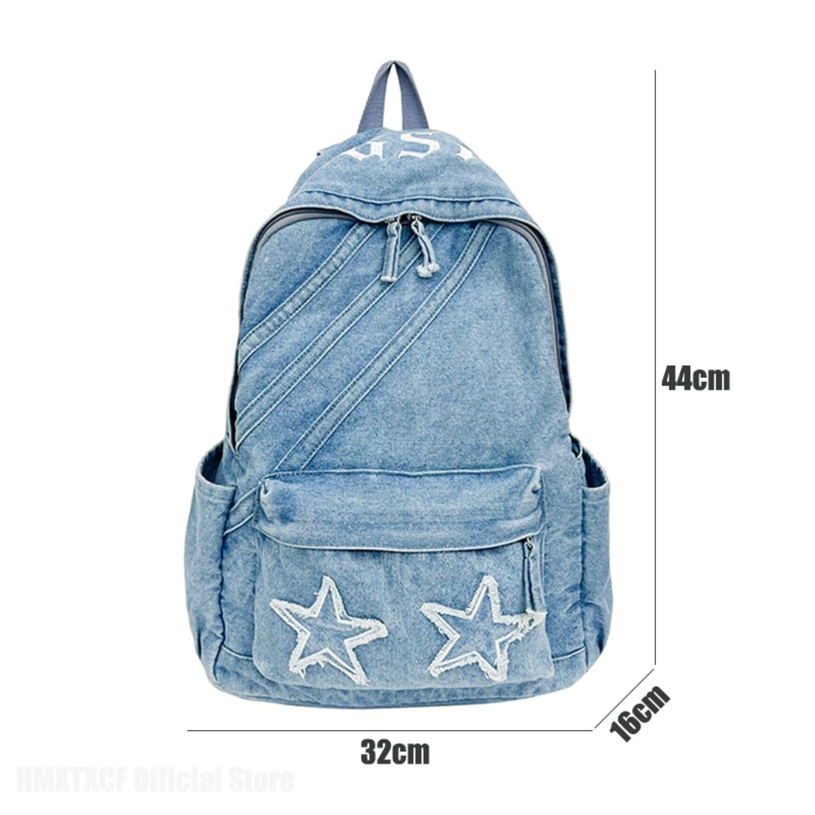 Zaino da Viaggio Star Patch Lavato Denim Zaino, Vintage Casual Daypack, Leggero Multi Tasca
