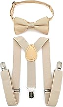 JZK Champagne Bow Tie and Braces Set for Boys Under 53 Inch Y Shape Adjustable Suspenders with Beige Bow Tie for Little Kids Boys Girls Wedding Party