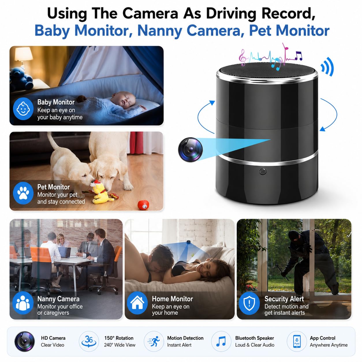 Cámara espía oculta WiFi con lente giratoria de 180°, cámara inalámbrica de 1080P HD, detección de movimiento, aplicación de transmisión en vivo para vigilancia de oficina en casa