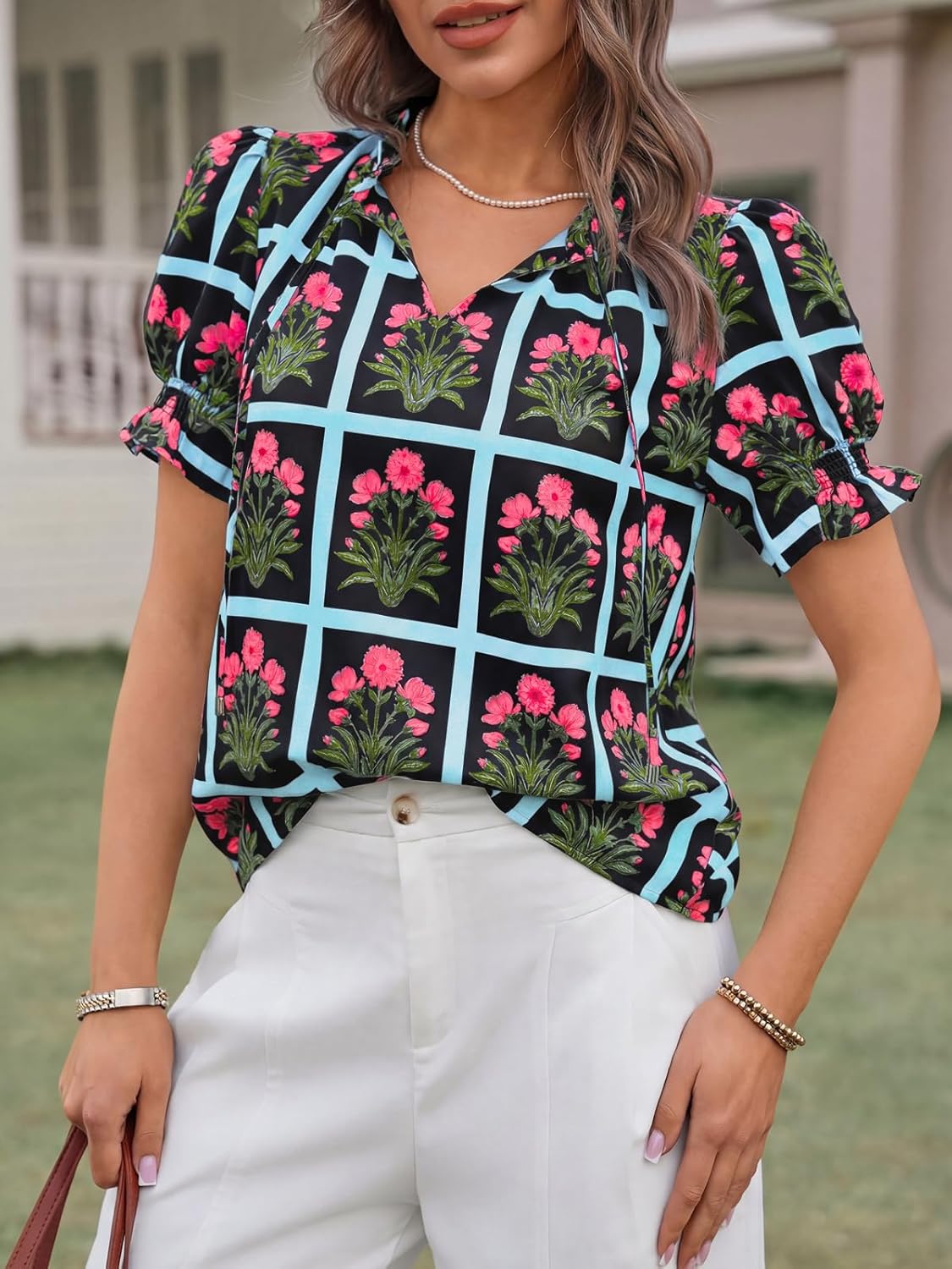 Tankaneo Womens Floral Puff Short Sleeve Blouses Dressy Casual Ruffle V Neck Tops Summer Loose Fit Boho Shirts - Image 2