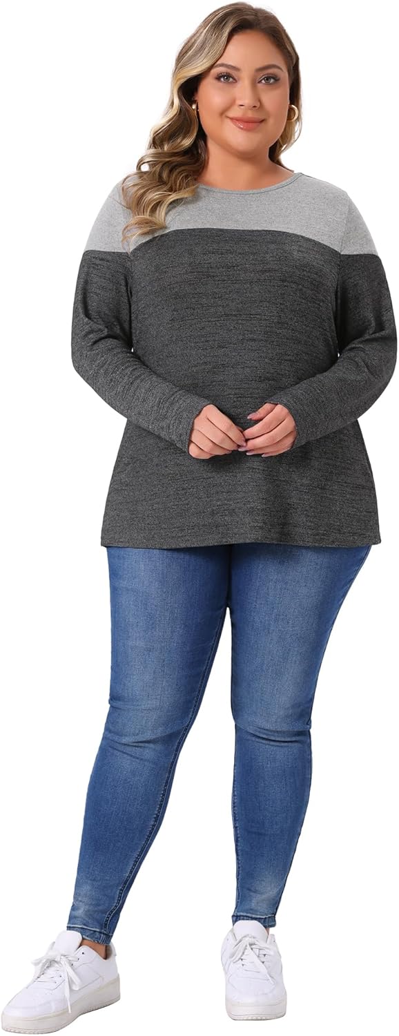 Agnes Orinda Plus Size Top for Women 2025 Color Block Long Sleeve Crewneck Knitted Blouse Casual Loose Pullover Shirts Tops - Image 3