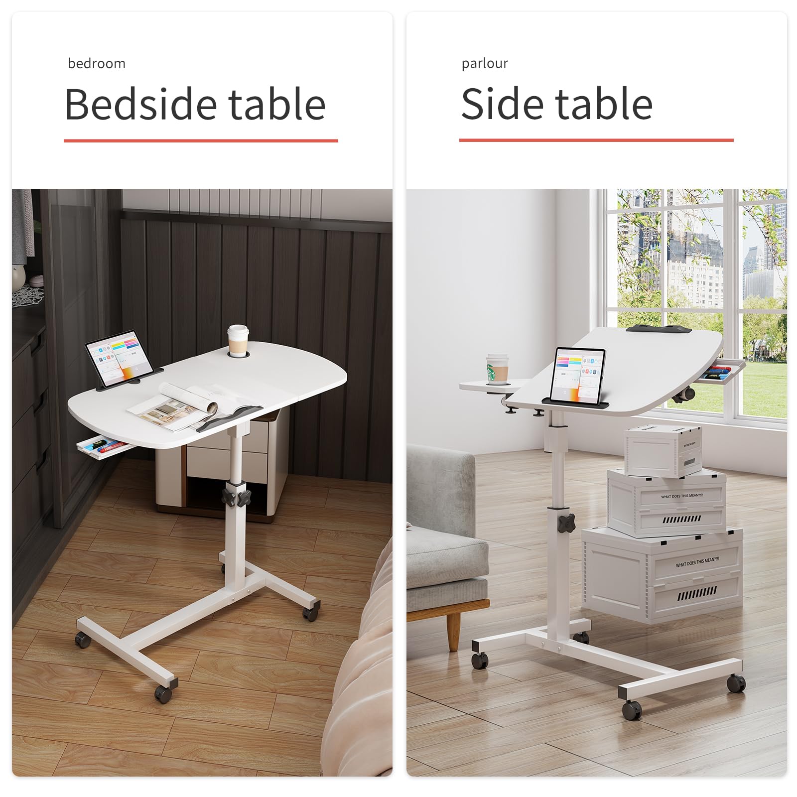 Escritorio Elevable de Pie Móvil, Mesa Escritorio Ordenador con Altura Ajustable, Mesa de Cama con Ruedas, Marco Giratorio de 360°, Escritorio Plegable de para Sofá 60x40cm Blanco
