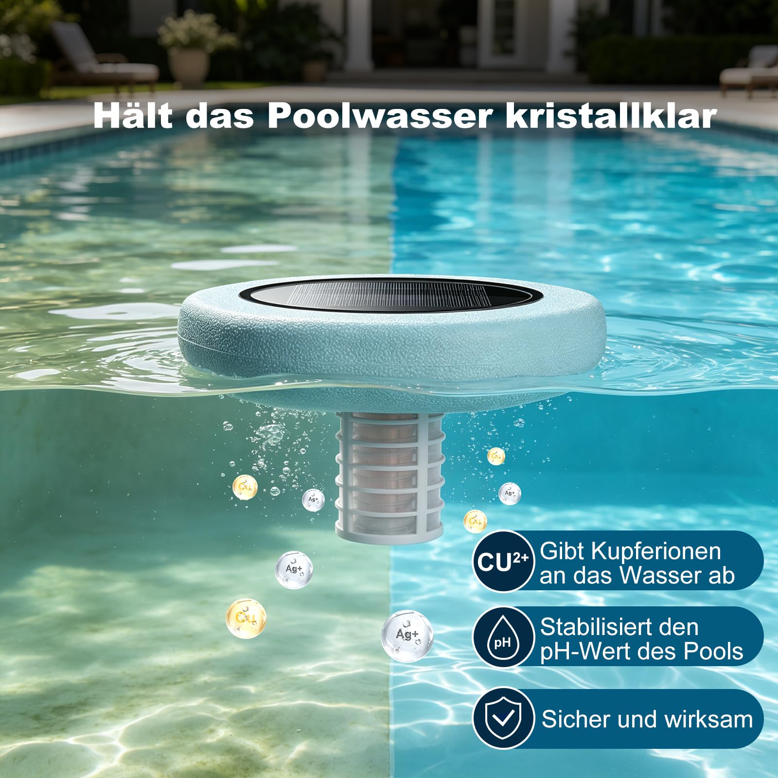 Solar Pool Ionisator, Kupfer Ionreiniger Pool, Hochreinem Kupferelement, bis 132,500 Liter, Hocheffiziente Reinigung, Wasserdicht, Dauerhaft, Schwimmender Reiniger für Pools