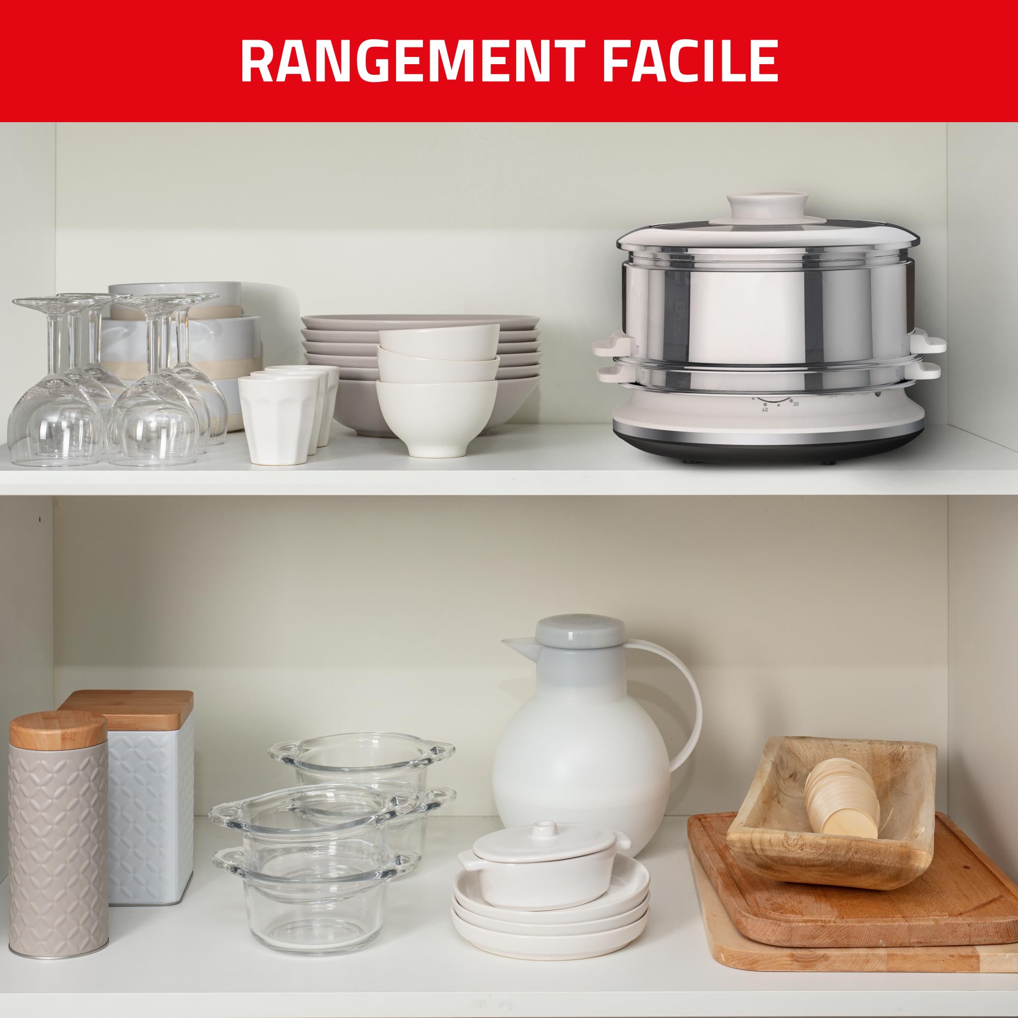 Seb Cuiseur Vapeur série Convenient 2 bols inox, Capacité bol 6 L, Cuisson vapeur, Cuit vapeur compact, Minuteur, Arrêt automatique VC145100, 2 Paniers
