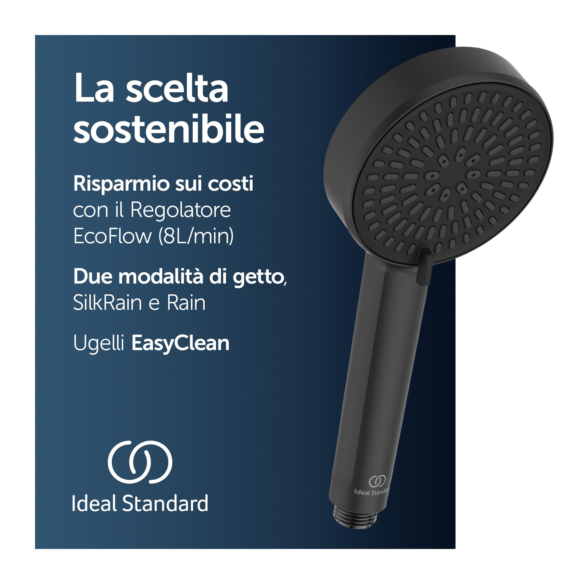 Ideal Standard Idealrain Alu+ Doccetta multifunzione, con due tipi di getto tramite selettore rotante, soffione doccia a risparmio idrico con ugelli EasyClean – Nero Opaco (100x56x232 mm)