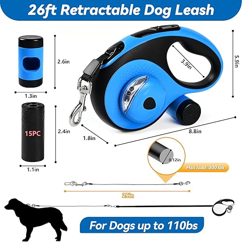 Miniatura 2 de Correa retráctil resistente para perros grandes, correa de perro de 26 pies con soporte para bolsa de excrementos, hasta 110 libras, cable a prueba