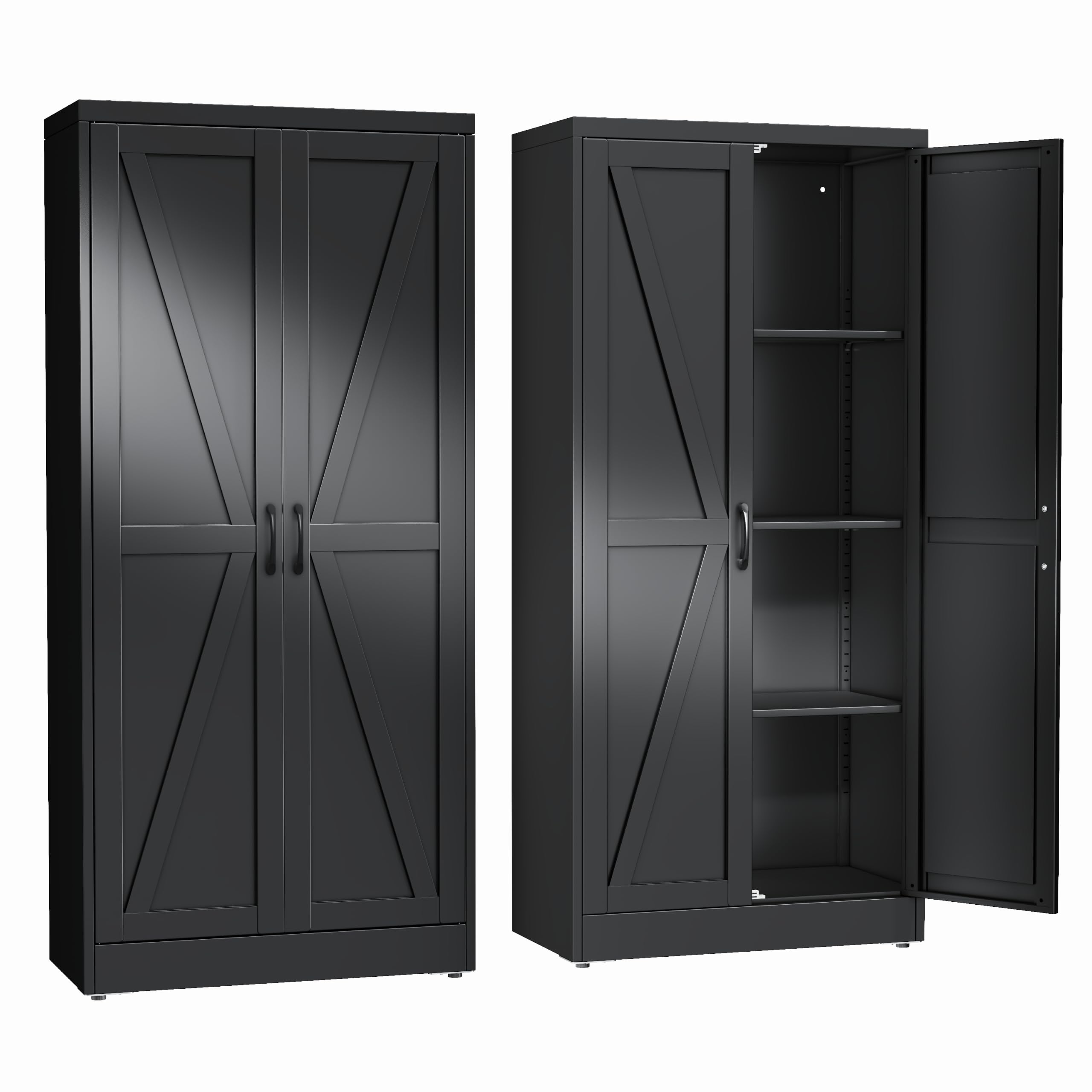 erosoei 63" H Metal Garage Storage Cabinet, Black Metal Pantry Cabinet with 2 Doors, Locker Steel Cabinet with 3 Adjustable Shelves, Freestanding Cupboard for Garage,Office,Home,Gym,School