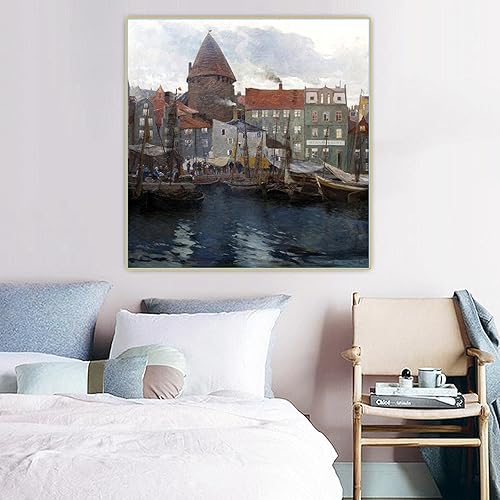 Miniatura 2 de Pinturas famosas Impresión de lienzo Adolf Kaufmann "Puerto pesquero" Lienzo Imagen de arte de pared para decoración de oficina 19.7x19.7 in Sin