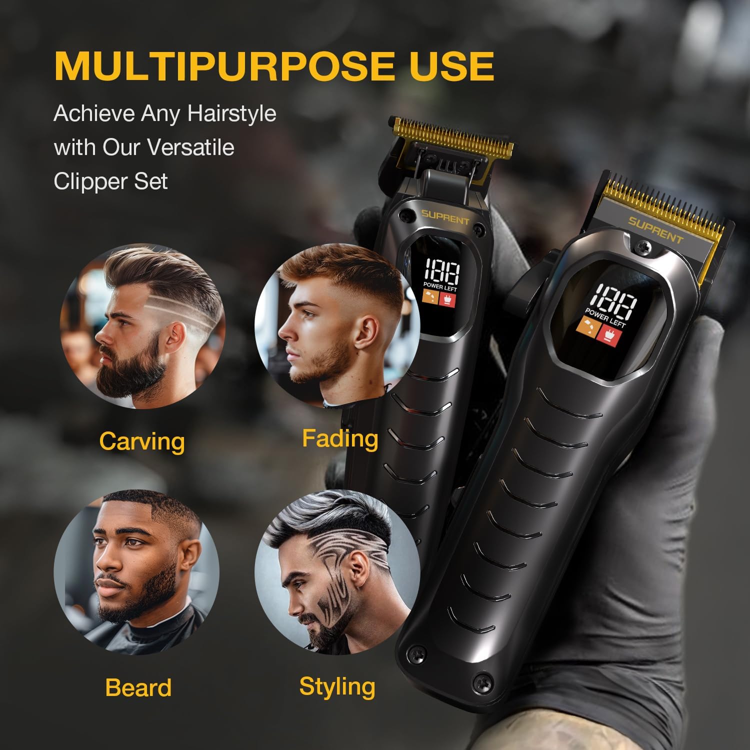 SUPRENT Cordless Hair Clippers for Men - Professional Hair Clipper & Trimmer Set, Wireless Hair Cutting Kit for Family, Rechargeable Cordless Hair & Beard Trimming Set for Men with LED Display (Black)
