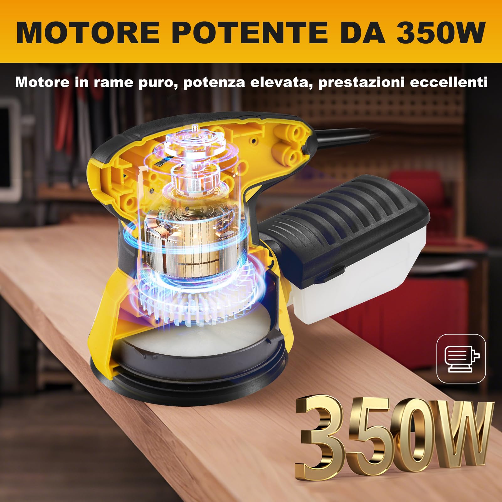 Enventor Levigatrice Orbitale 350W, Levigatrice Rotorbitale con 6 Velocità Variabile, 6000-13000RPM, 125MM, 20PCS (80, 120, 180, 240 Grane), Levigatrice per Legno, Metallo