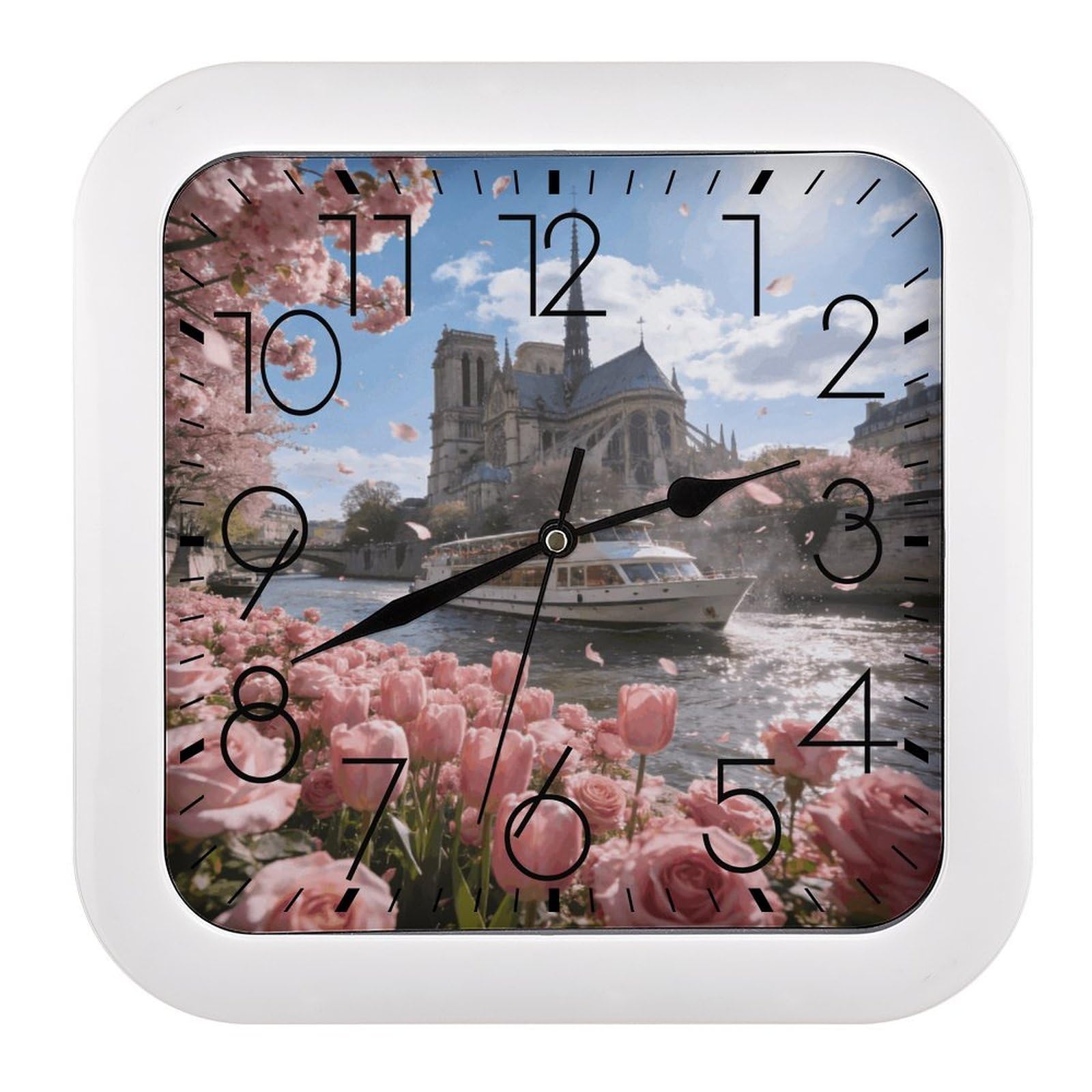 LZQPOEAS Pink Parisian Bloom Square Wall Clock, 10.2 Inch Battery Operated Silent Non-Ticking Wall Clock, Square Analog Decorative Clock for Home Wall Art, Living Room, Bedroom, and Office