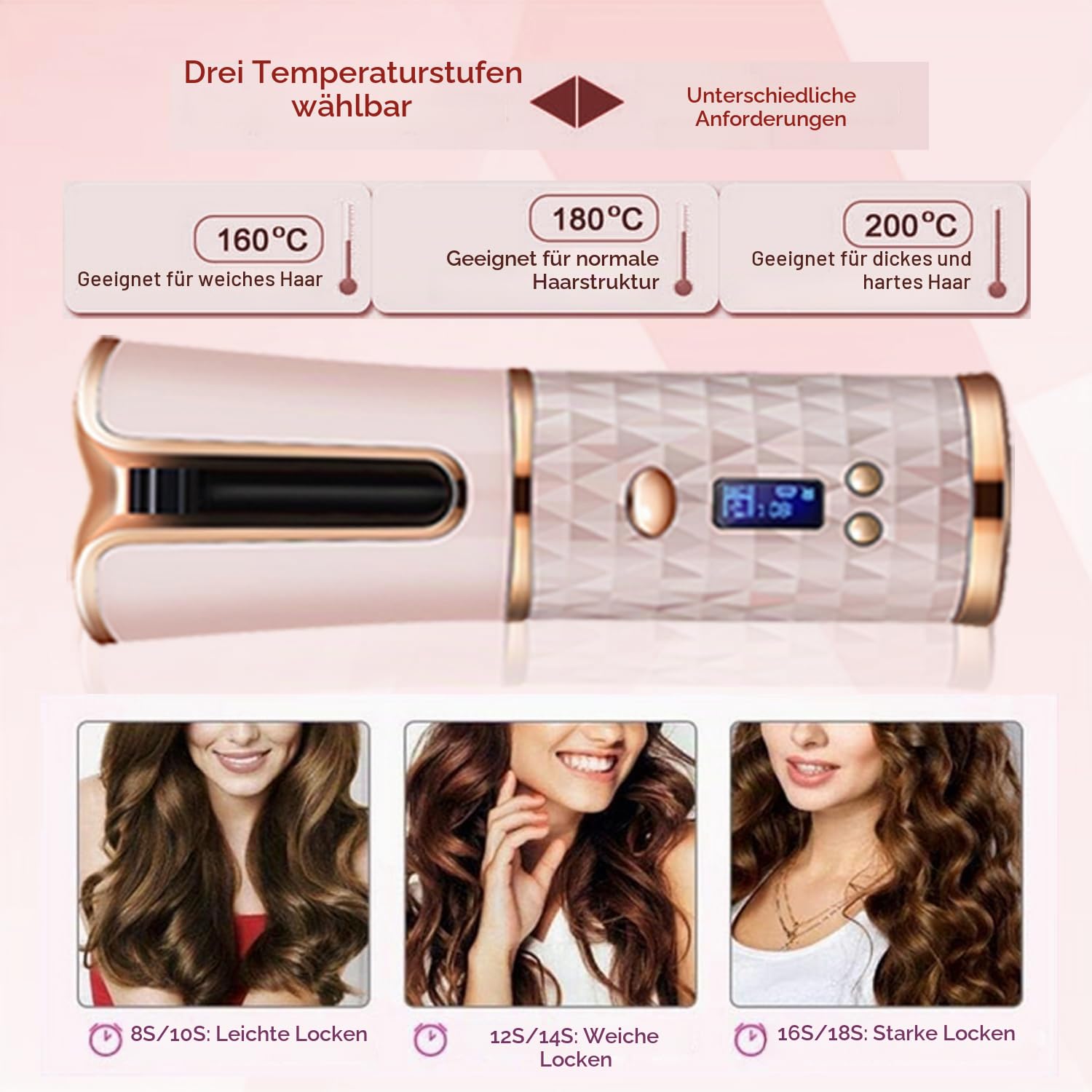 Schnurloser Automatischer Lockenstab, Wiederaufladbarer Tragbarer USB-Lockenwickler mit Keramikbeschichtung und 6 Temperatureinstellungen, Intelligenter Lockenstab mit Verbrühschut - Gold