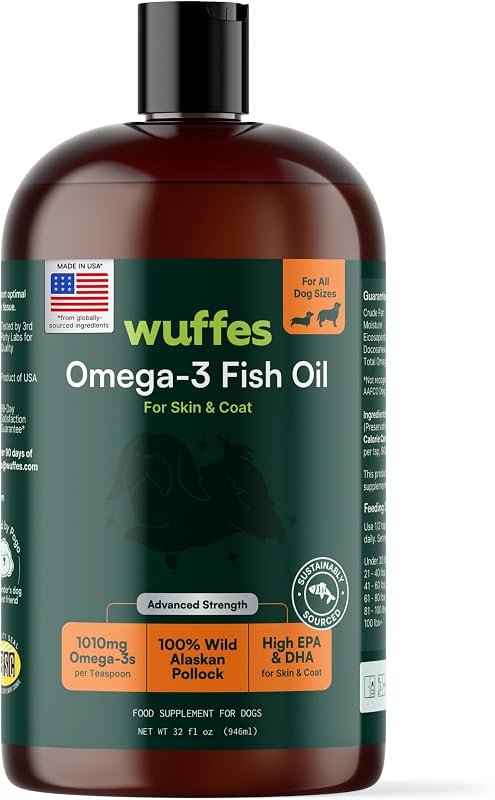 Suplemento de Óleo de Peixe para Cães Wuffes com EPA e DHA, Óleo de Pollock Selvagem do Alasca, 946 mL