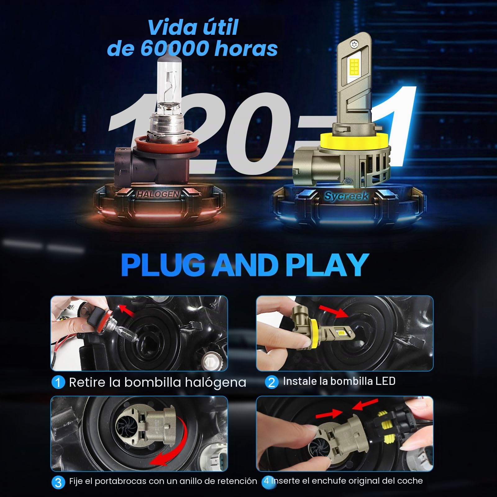 Sycreek Bombillas H8 H9 H11 LED,80W 28000LM 6500K Blanco,1:1 Mini Diseño para el Coche Kit de Reemplazo Halógeno,2 Led H11