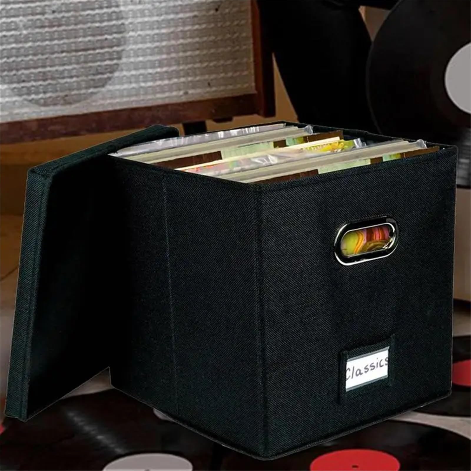 Vinyl Record Storage Box for up to 50pcs 12-Inch Albums Records Crate LP Album Fabric Boxes with Lids per Dischi