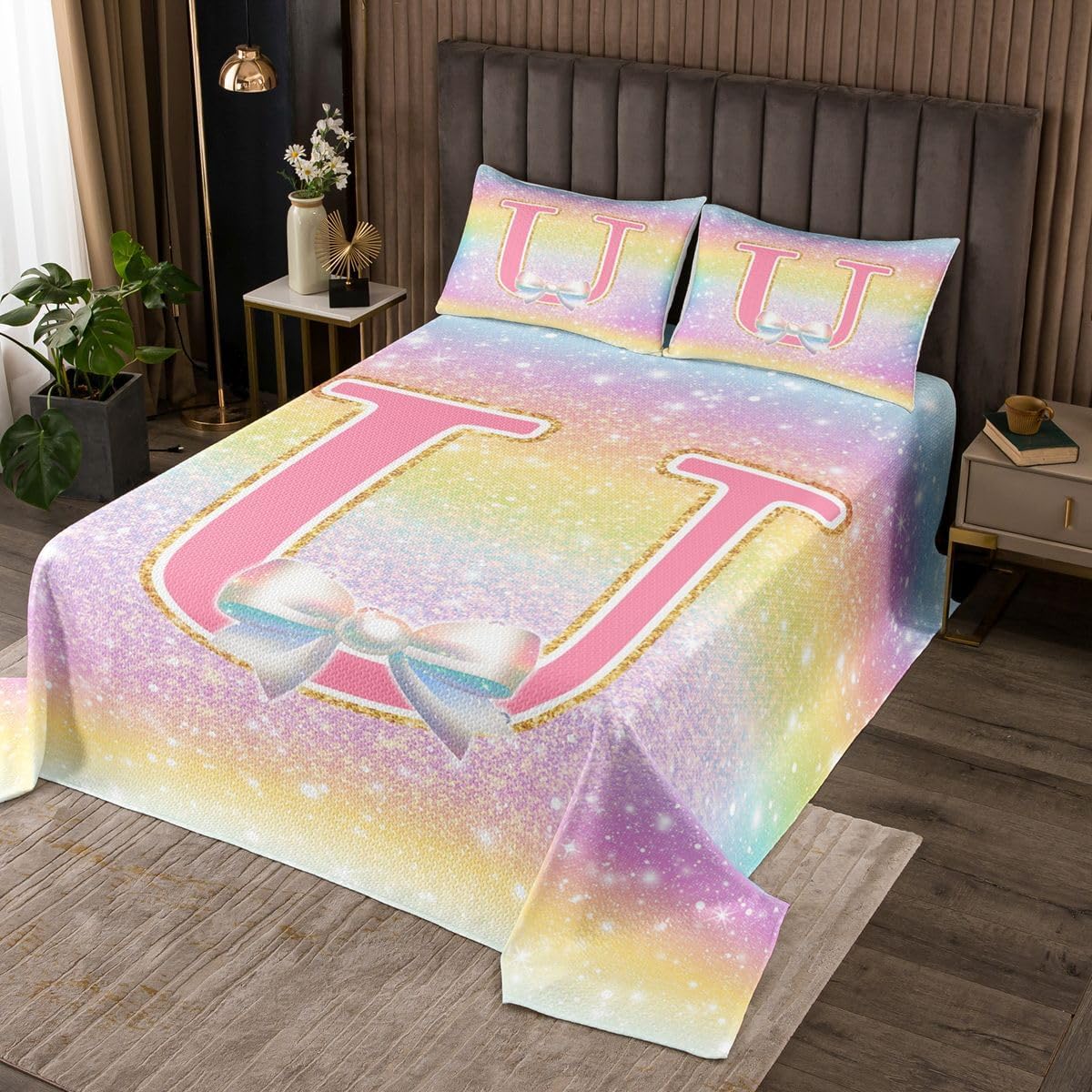 Erosebridal Coquette Monogrammed X Coverlet Set Queen Glitter Gradient Tie Dye Bedspread Princess Alphabet Bow Room Decor Quilt Set for Kids Adults,Personalized Initial Letter Bedding Quilted